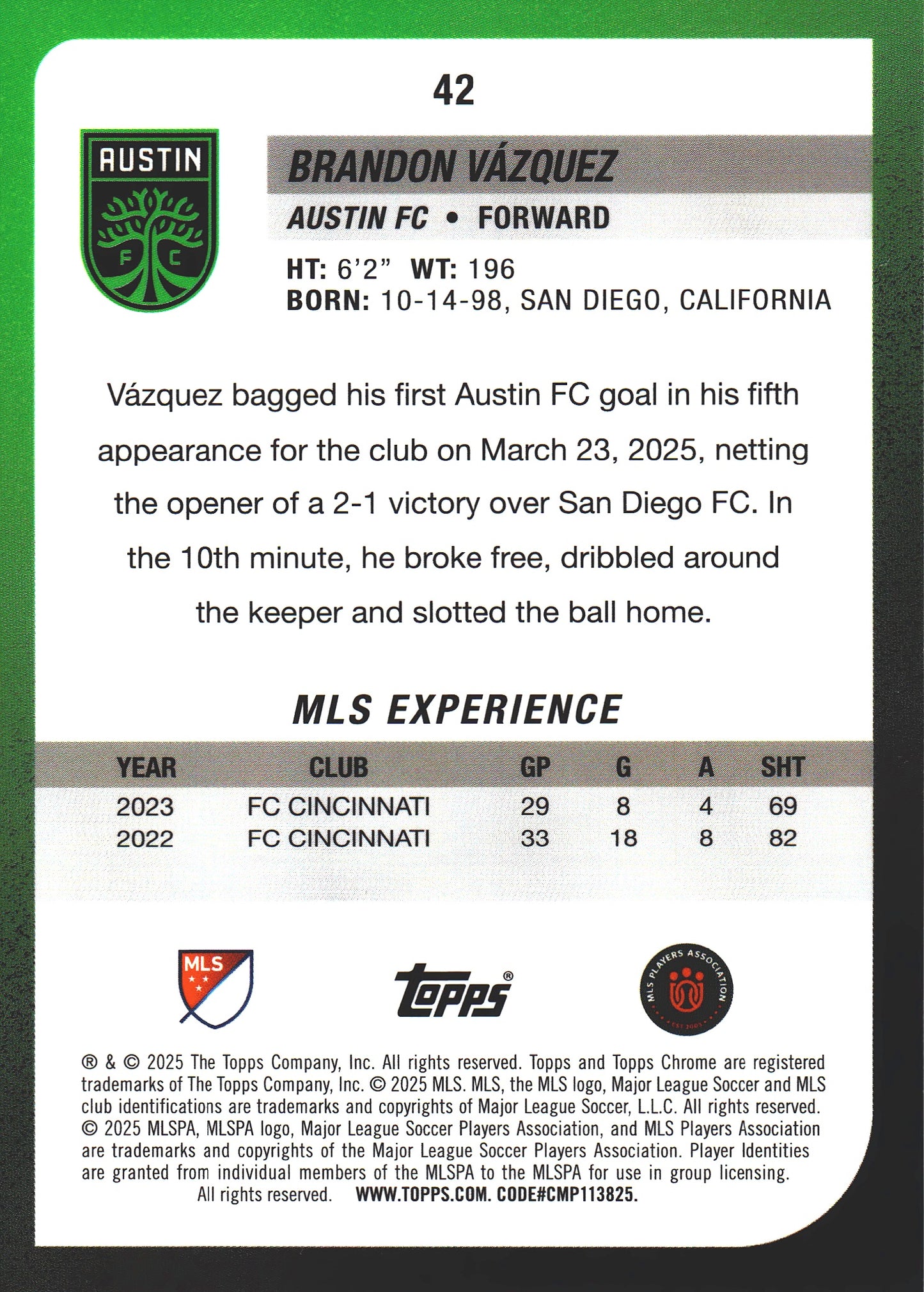 2025 Topps Chrome MLS Green /99 Brandon Vazquez #42 Austin FC