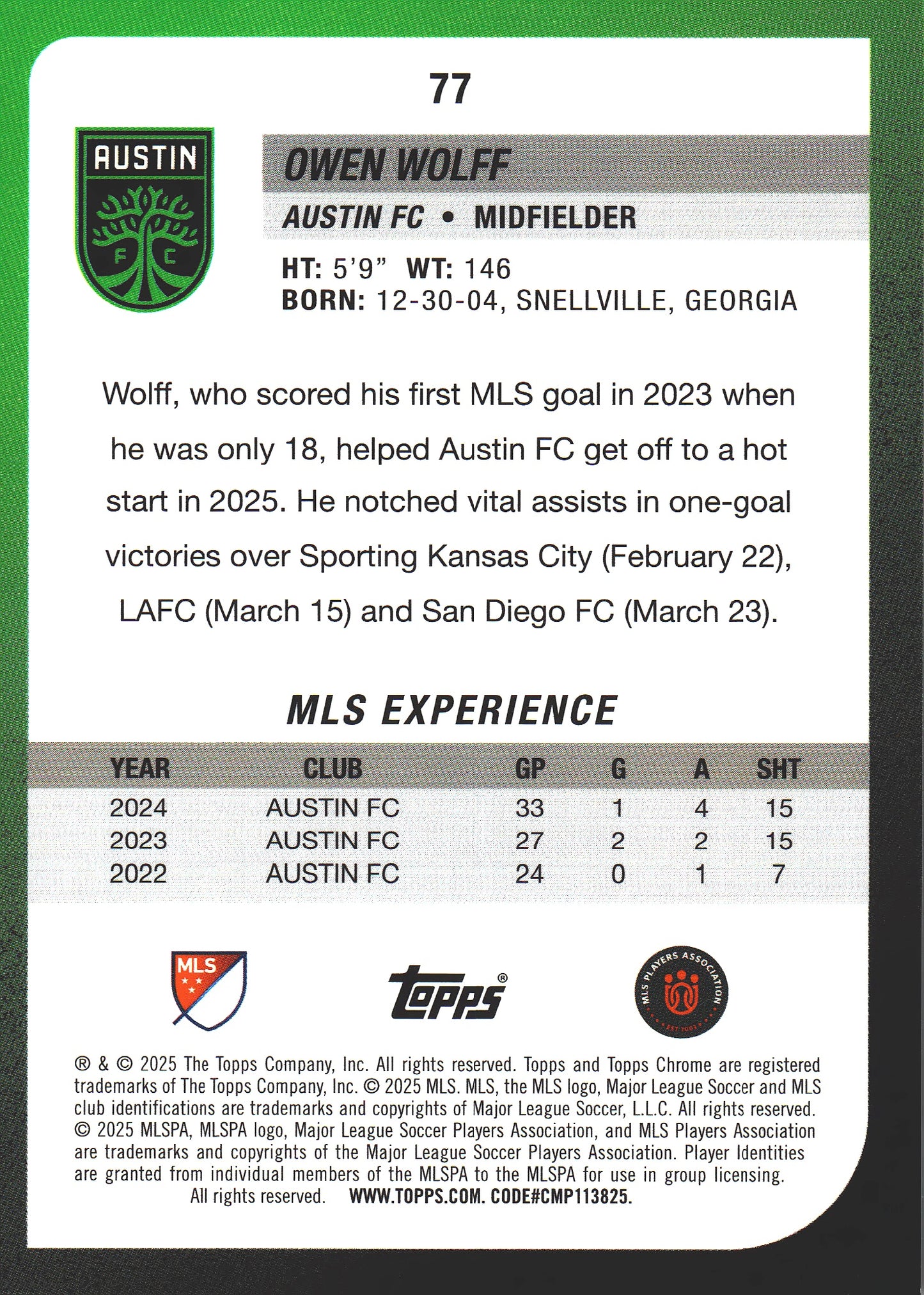 2025 Topps Chrome MLS Orange /25 Owen Wolff #77 Austin FC