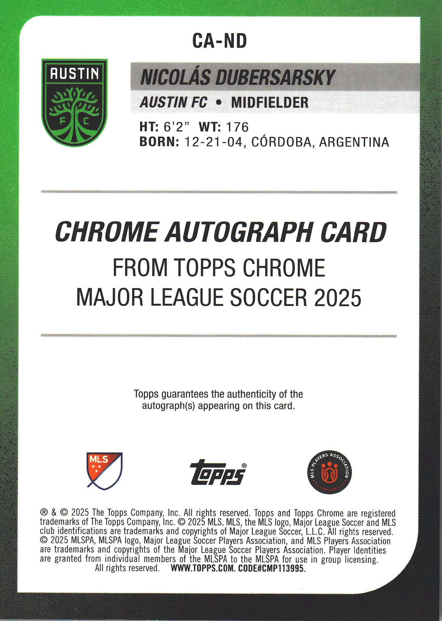 2025 Topps Chrome MLS Aqua Autograph /199 Nicolas Dubersarsky #CA-ND Austin FC