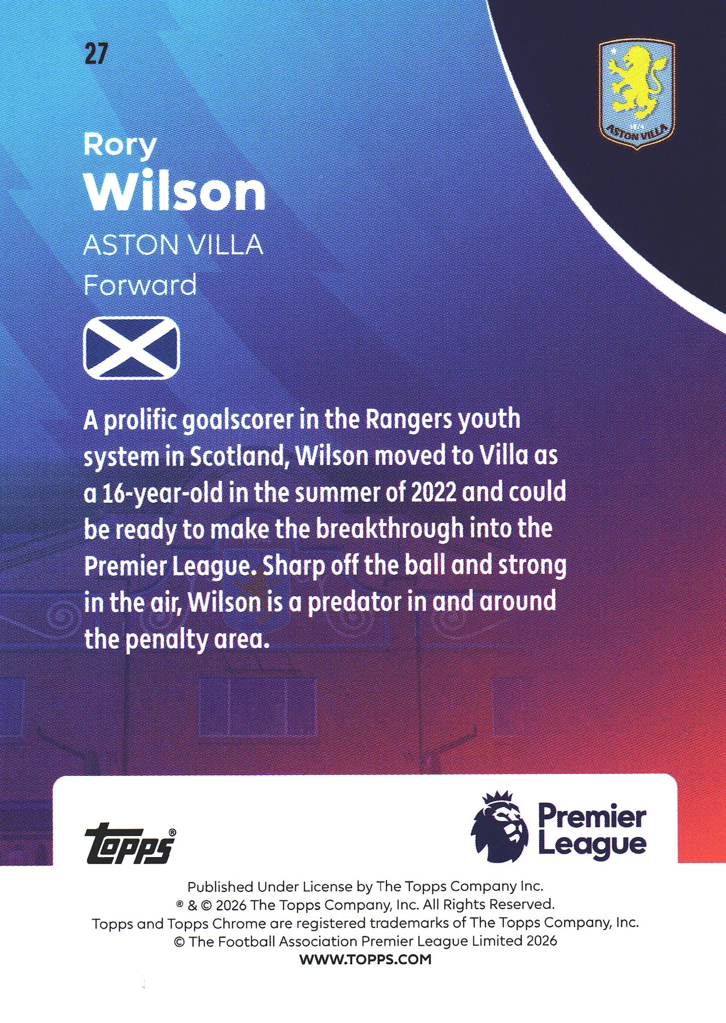 2025 Topps Chrome PL Rory Wilson RC #27 Aston Villa