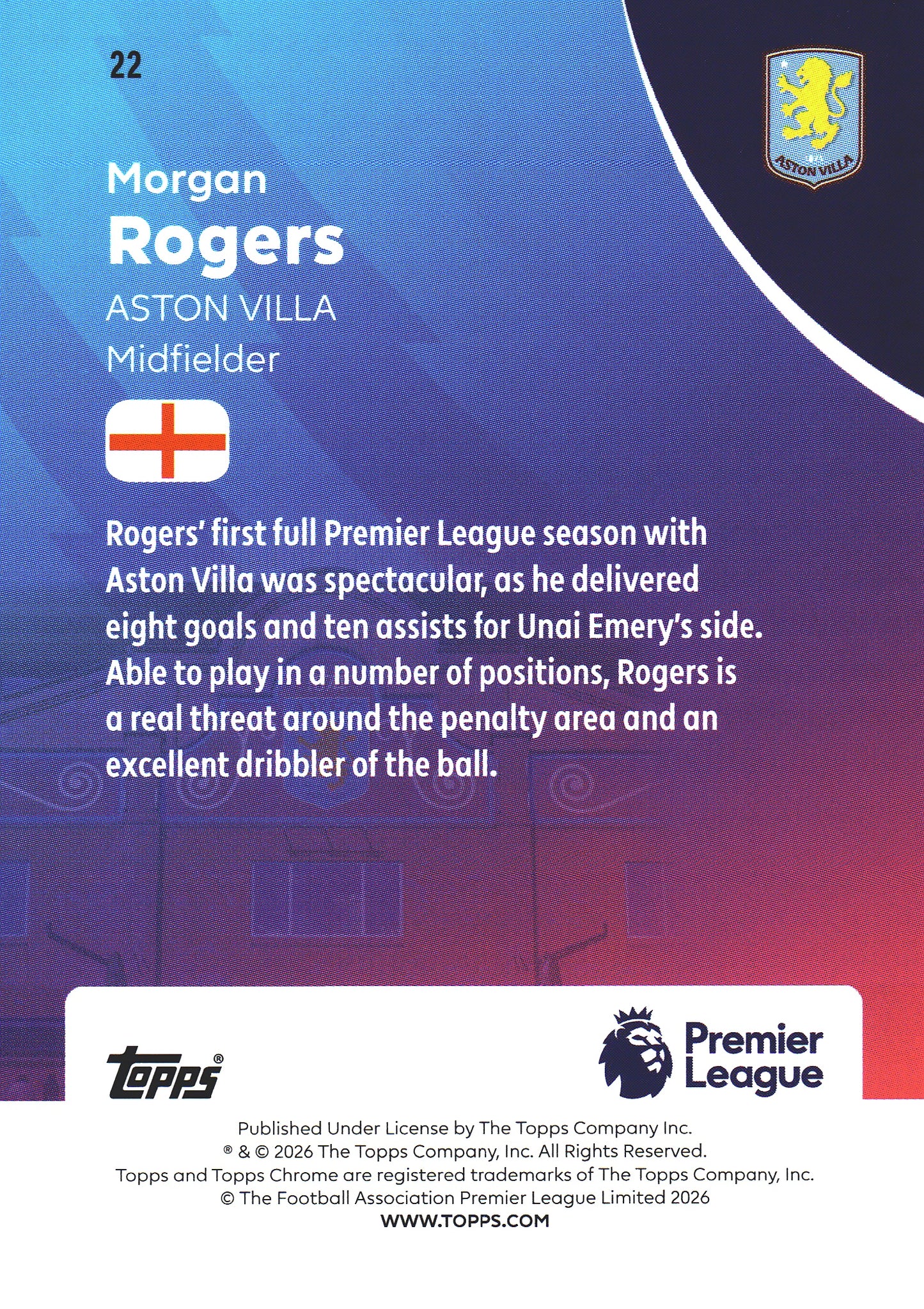 2025 Topps Chrome PL Prism Morgan Rogers #22 Aston Villa