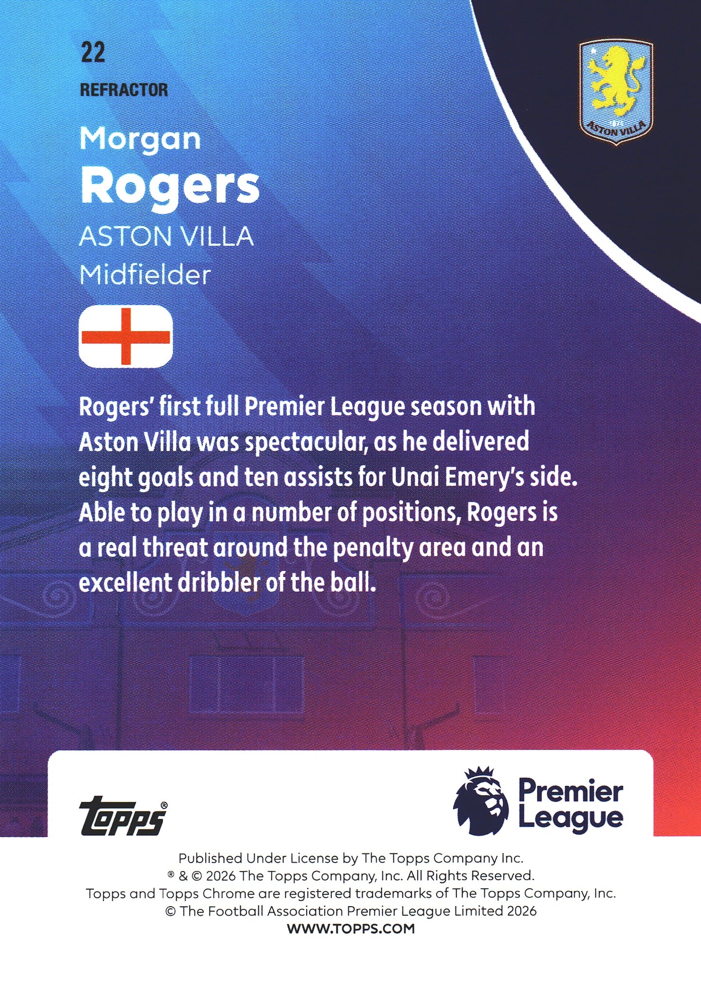 2025 Topps Chrome PL Refractor Morgan Rogers #22 Aston Villa