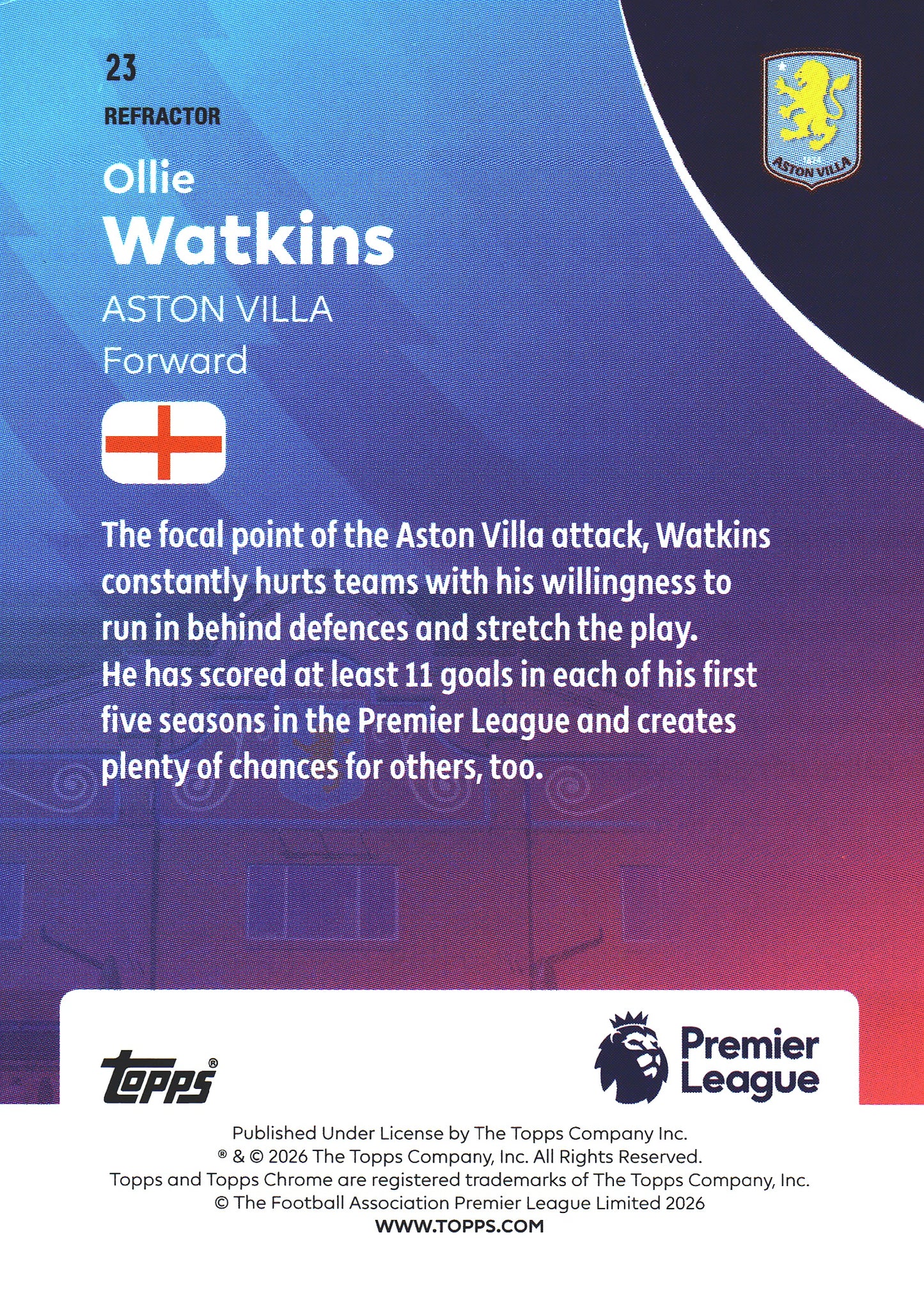 2025 Topps Chrome PL Refractor Ollie Watkins #23 Aston Villa