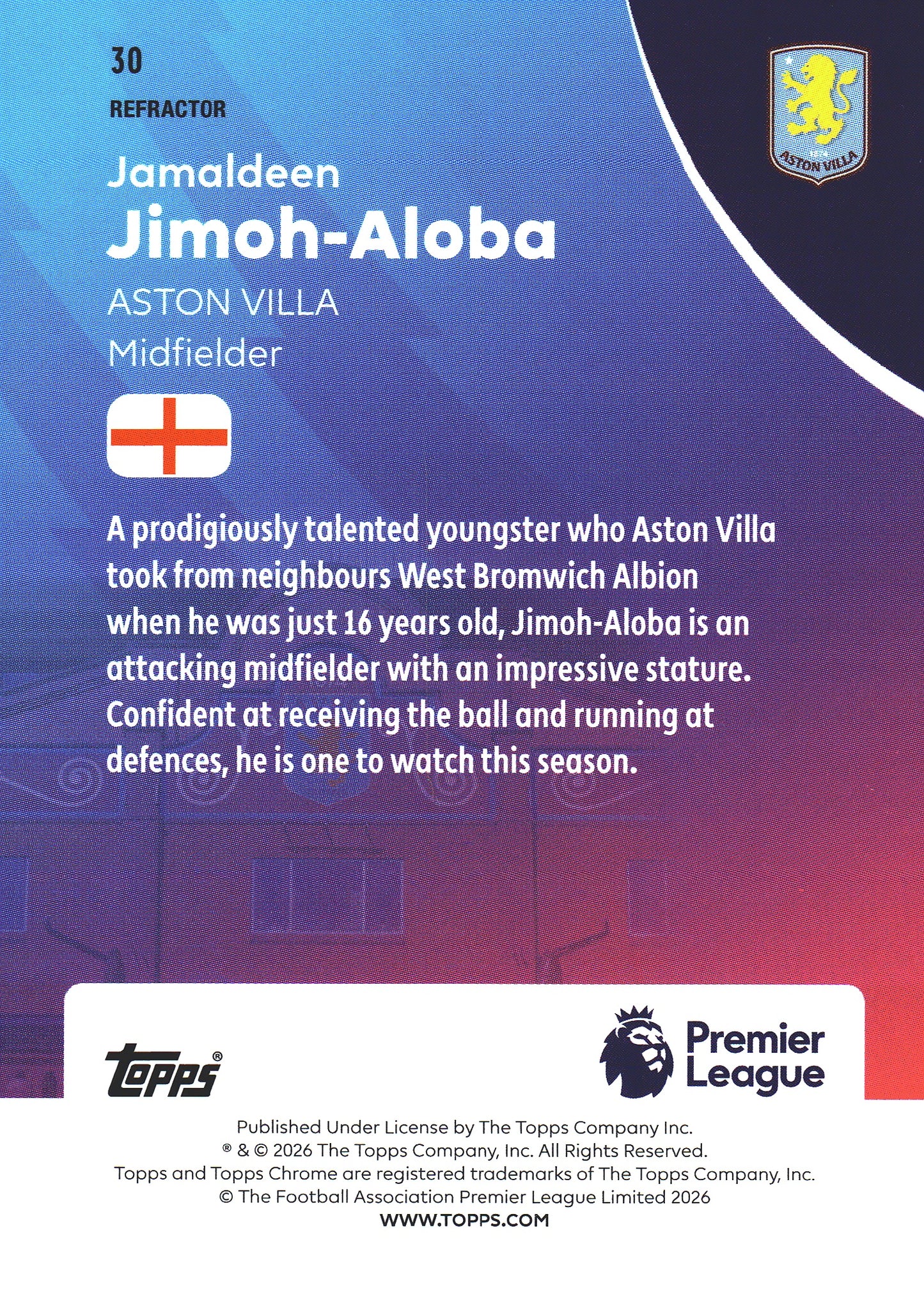 2025 Topps Chrome PL Refractor Jamaldeen Jimoh-Aloba RC #30 Aston Villa