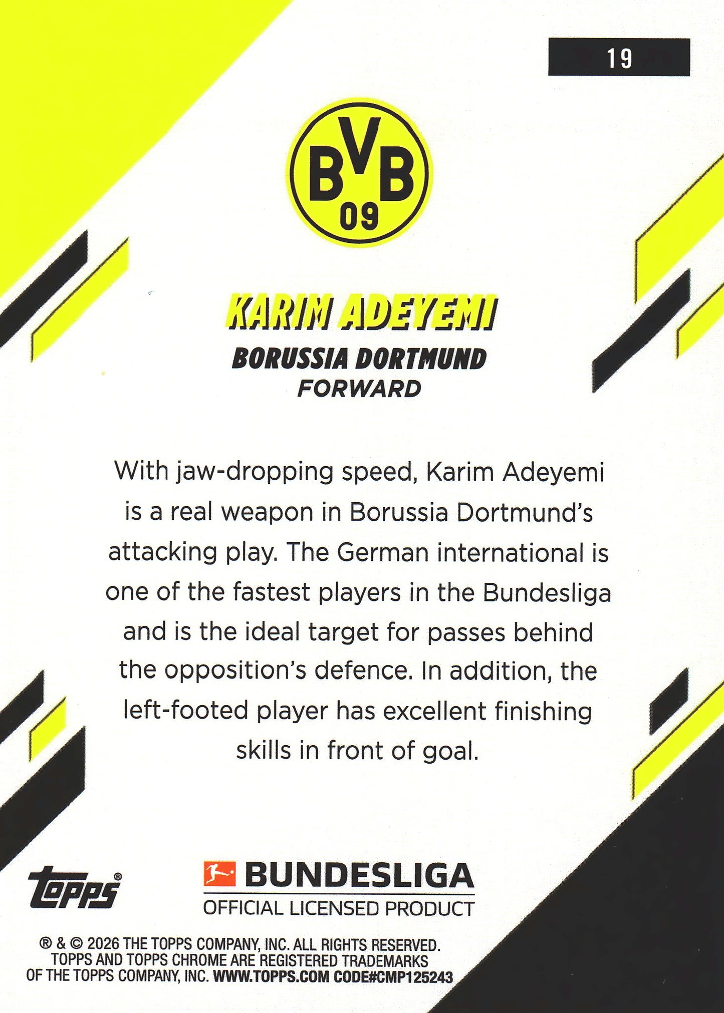 2025 Topps Chrome Bundesliga Aqua /199 Karim Adeyemi #19 Borussia Dortmund
