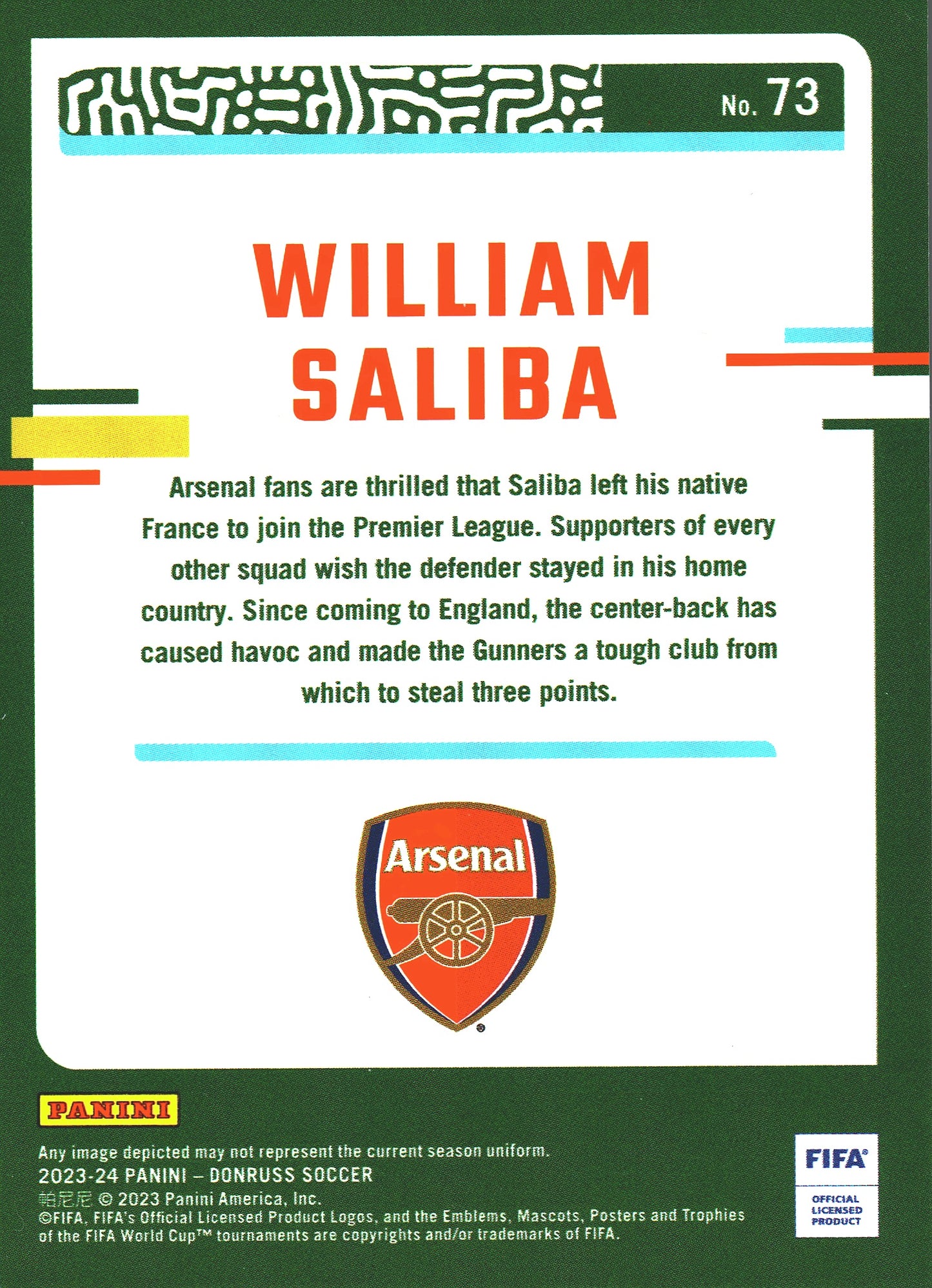 2023 Panini Donruss Diamond William Saliba #73 Arsenal FC