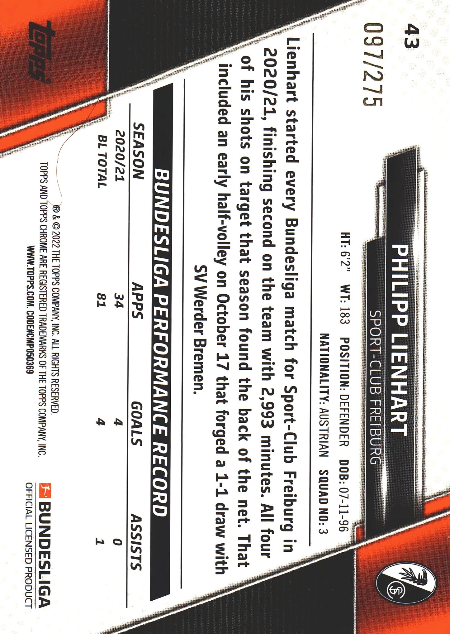 2021 Topps Chrome Bundesliga Aqua /275 Philipp Lienhart RC #43 SC Freiburg
