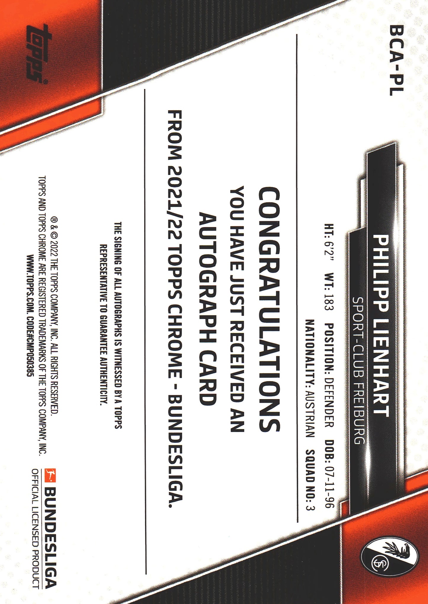 2021 Topps Chrome Bundesliga Auto RC Philipp Lienhart #BCA-PL SC Freiburg