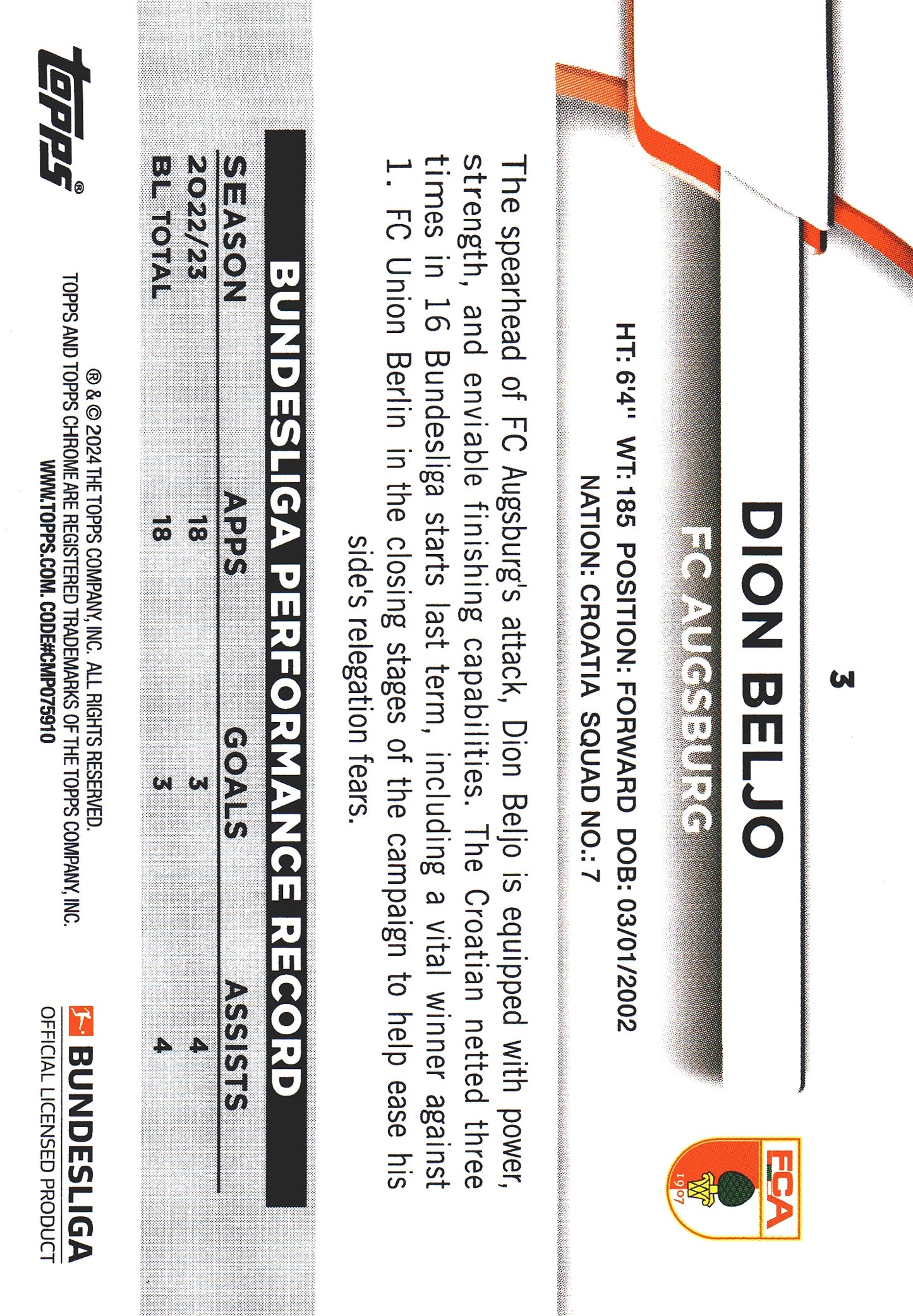 2023 Topps Bundesliga Jade Edition RC Dion Beljo #3 FC Augsburg