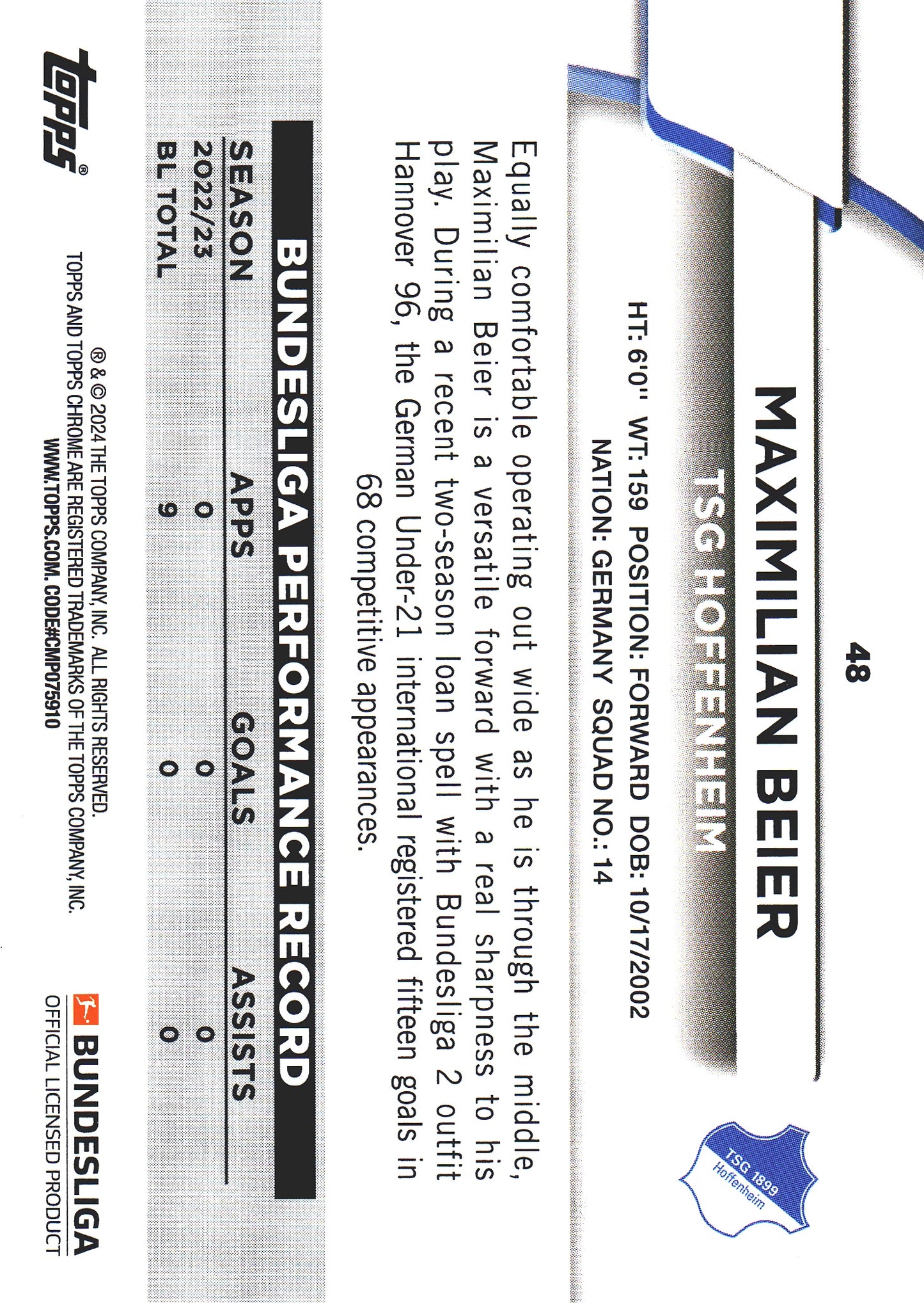 2023 Topps Bundesliga Jade Edition RC Maximilian Beier #48 TSG Hoffenheim