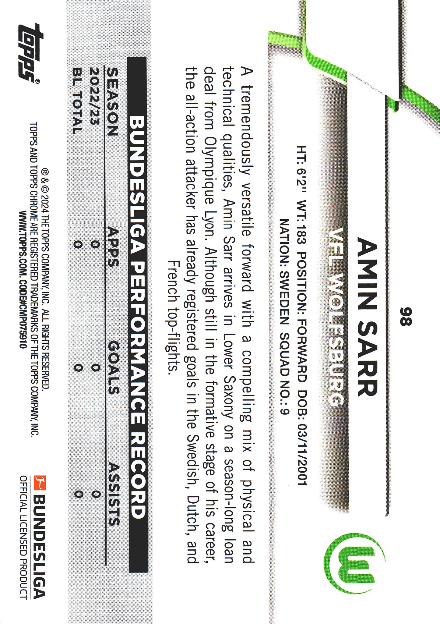 2023 Topps Bundesliga Jade Edition RC Amin Sarr #98 VfL Wolfsburg