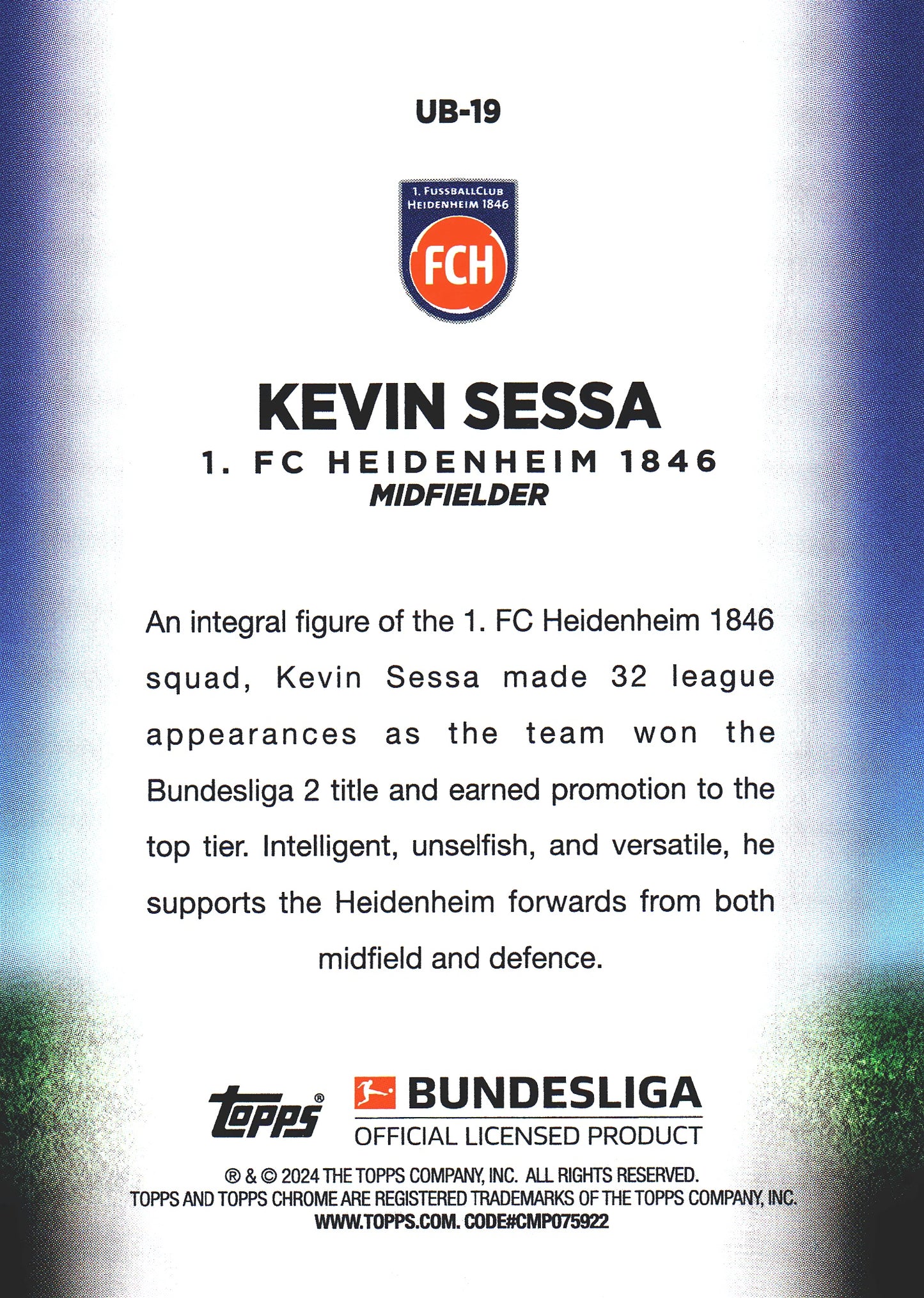 2023 Topps Bundesliga Jade Edition Ultrabeam Kevin Sessa #UB-19 1. FC Heidenheim 1846