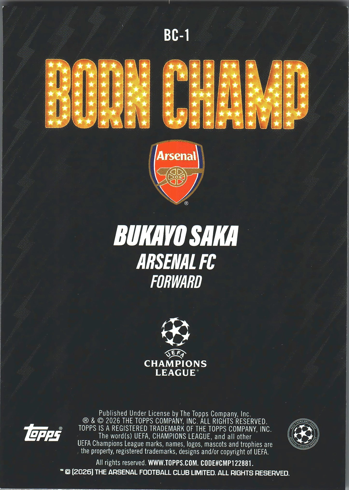 2025 Topps UCC Born Champ Bukayo Saka #BC-1 Arsenal FC