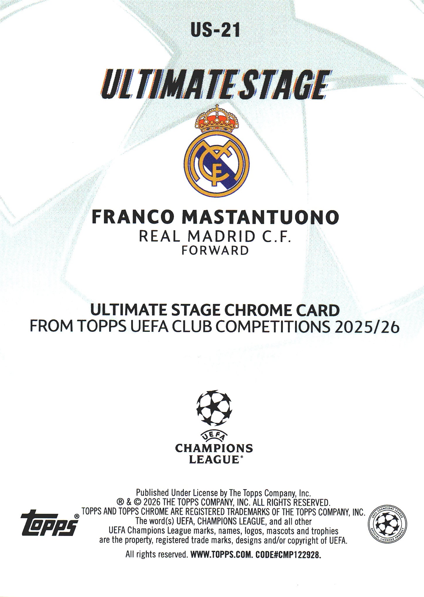 2025 Topps UCC Ultimate Stage Chrome Franco Mastantuono #US-21 Real Madrid CF