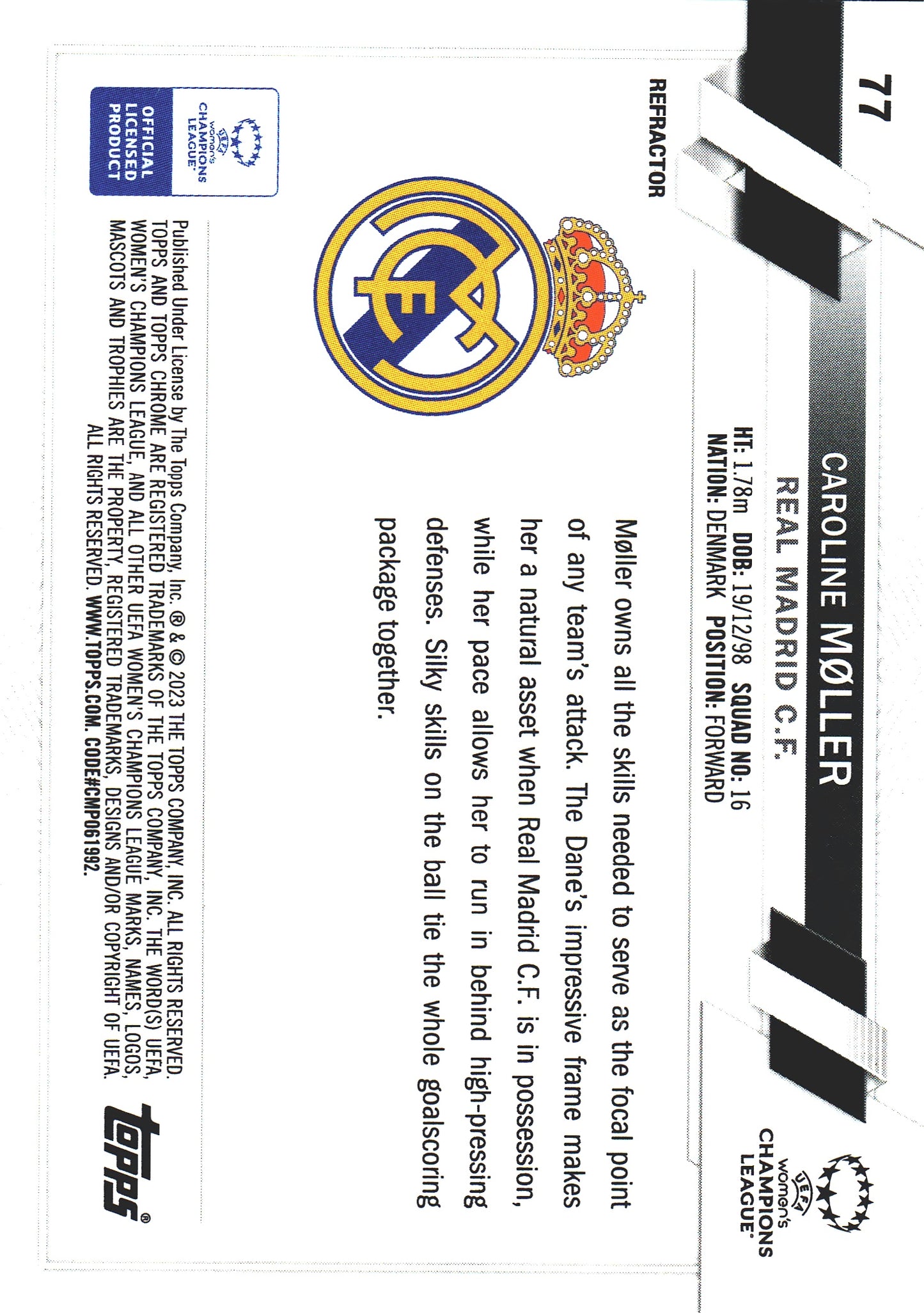 2022 Topps Chrome UCC Women's Refractor Caroline Moller #77 Real Madrid Femenino