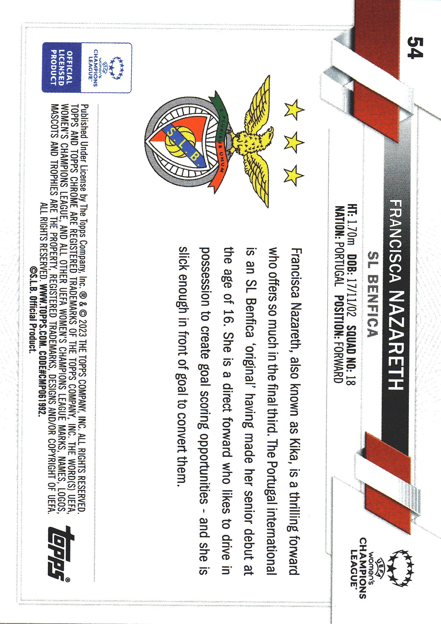2022 Topps Chrome UCC Women's Aqua Prism Francisca Nazareth #54 S.L. Benfica