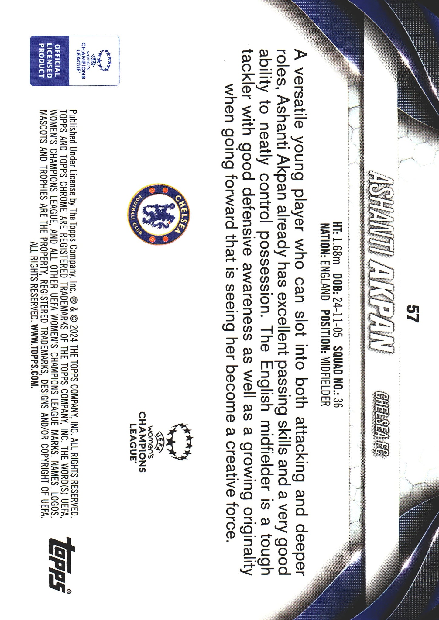 2023 Topps Chrome UCC Women's Ashanti Akpan #57 Chelsea F.C