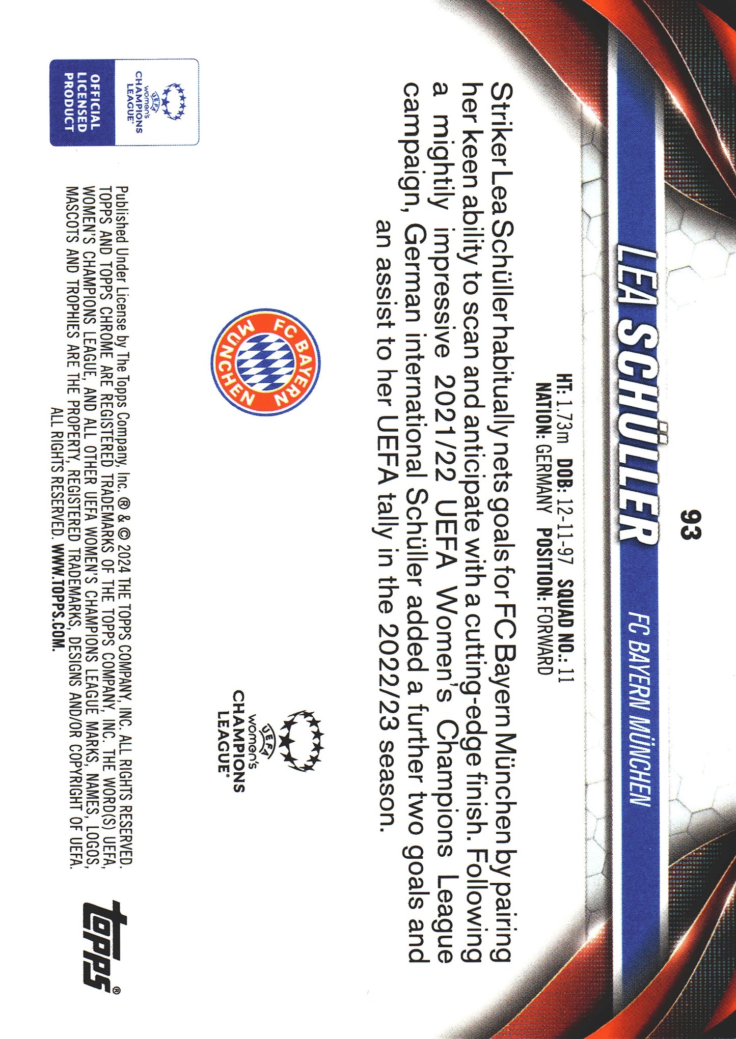2023 Topps Chrome UCC Women's Lea Schuller #93 FC Bayern Munich