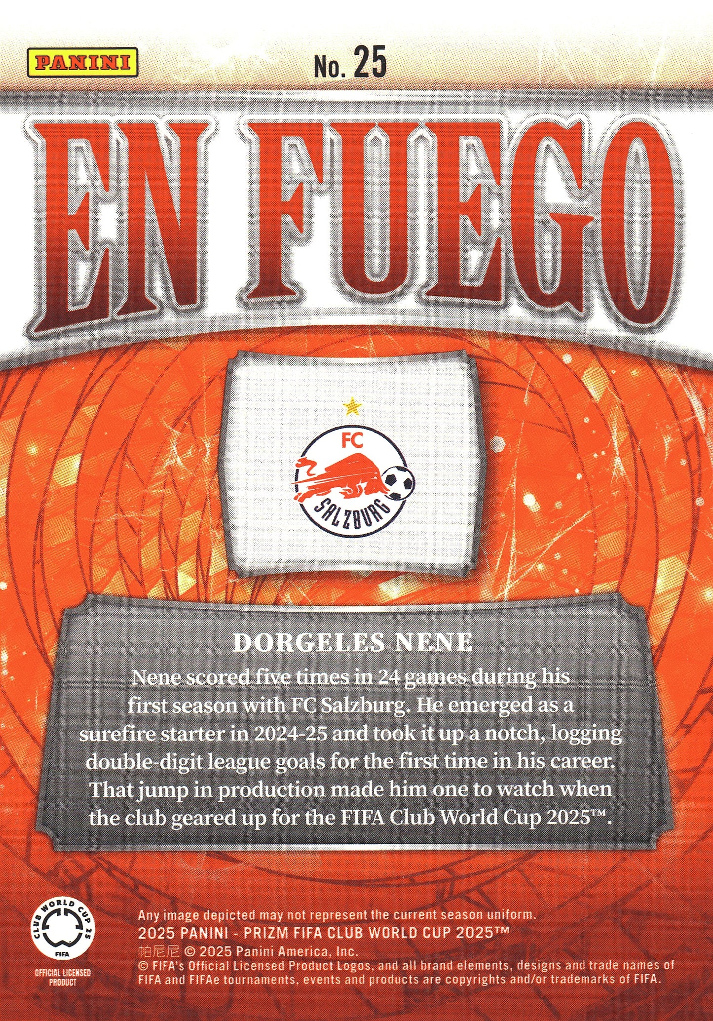 2025 Panini Prizm Club World Cup En Fuego Dorgeles Nene #25 FC Red Bull Salzburg