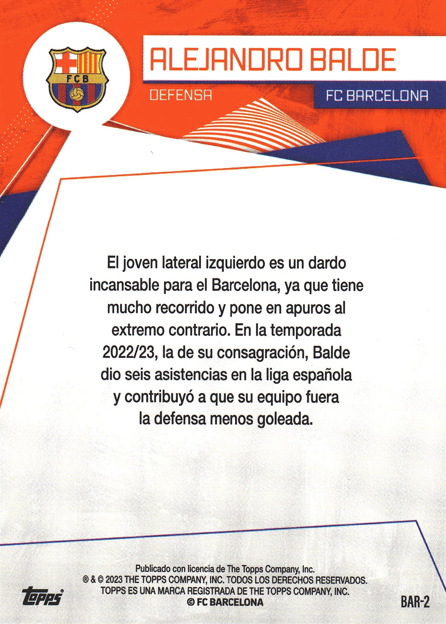 2023 Topps FC Barcelona Fan Set Alejandro Balde #BAR-2 FC Barcelona