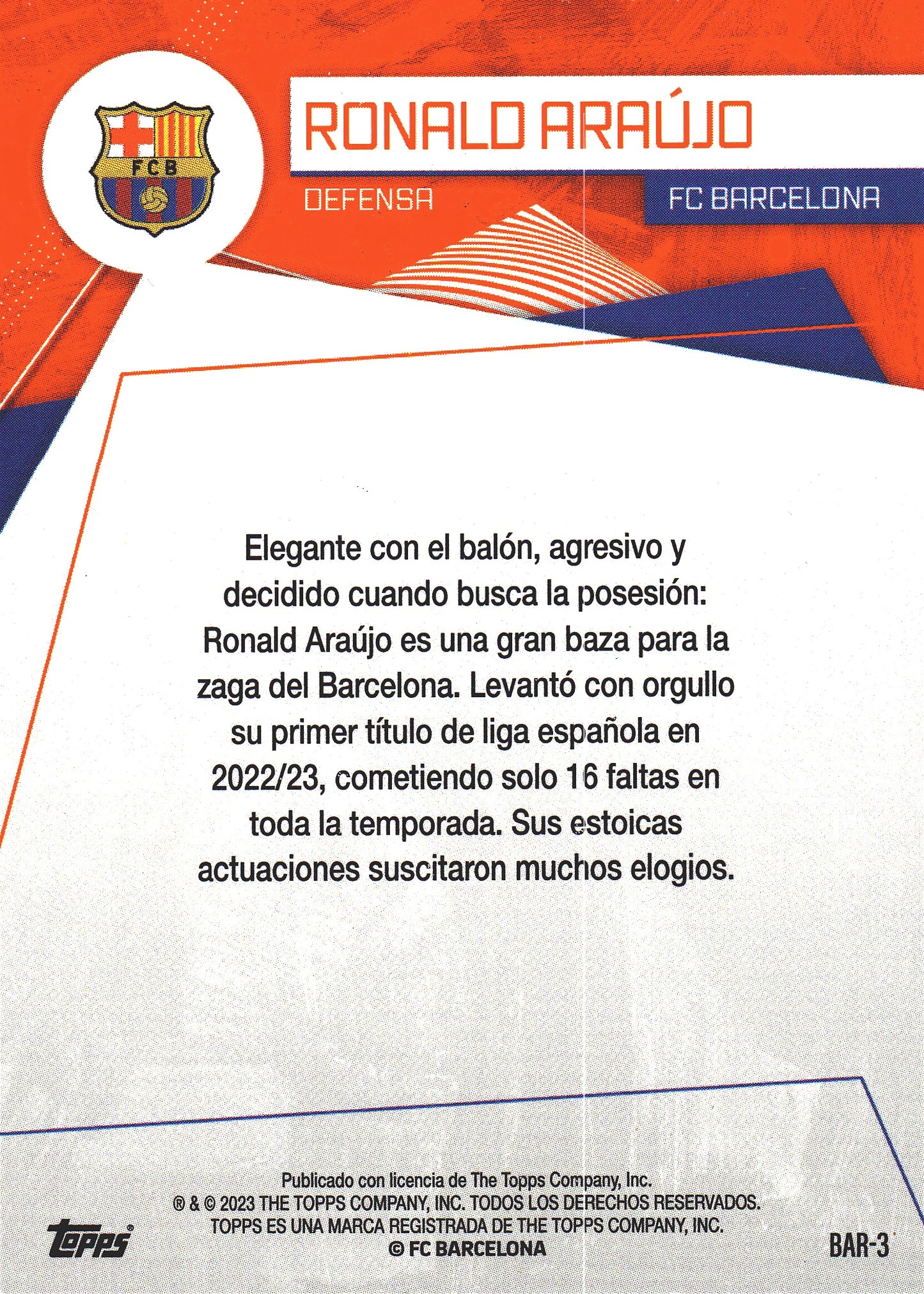 2023 Topps FC Barcelona Fan Set Ronald Araujo #BAR-3 FC Barcelona