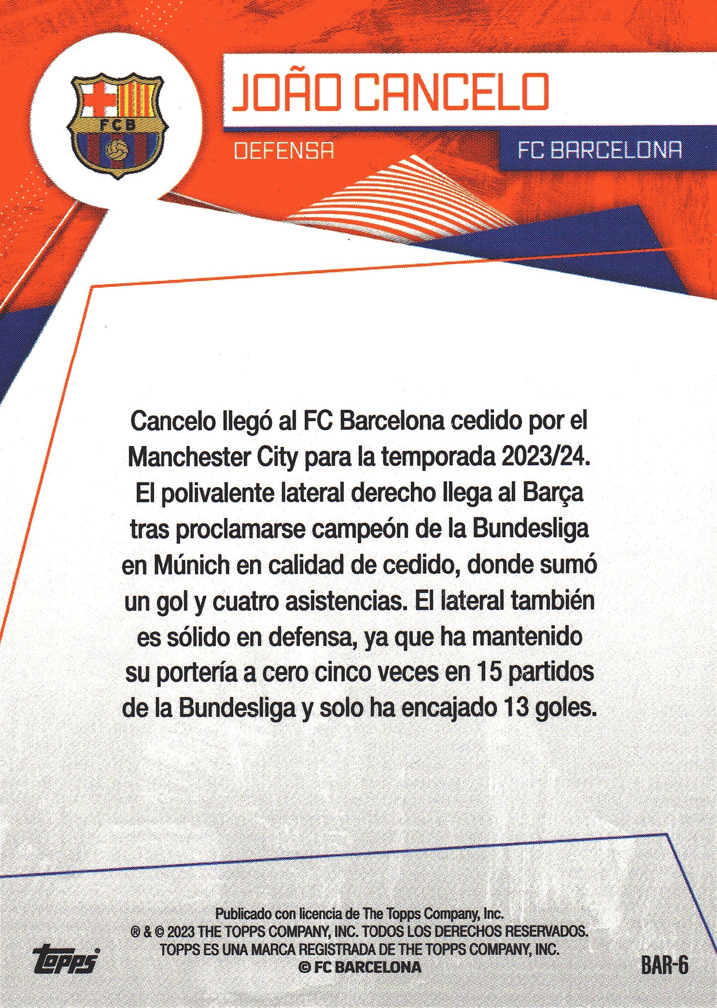 2023 Topps FC Barcelona Fan Set Joao Cancelo #BAR-6 FC Barcelona
