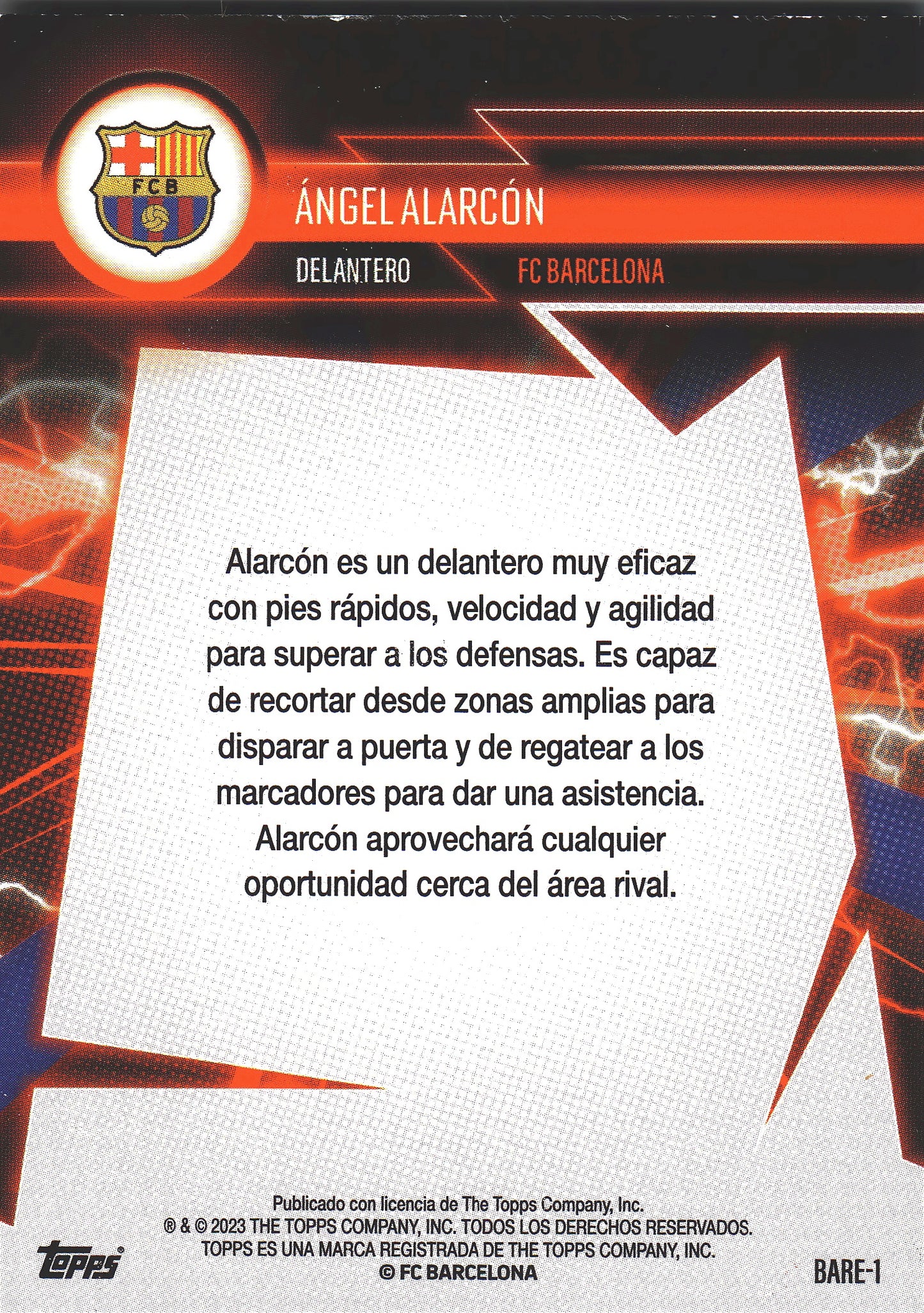 2023 Topps FC Barcelona Fan Set Super Electric Angel Alarcon #BARE-1 FC Barcelona