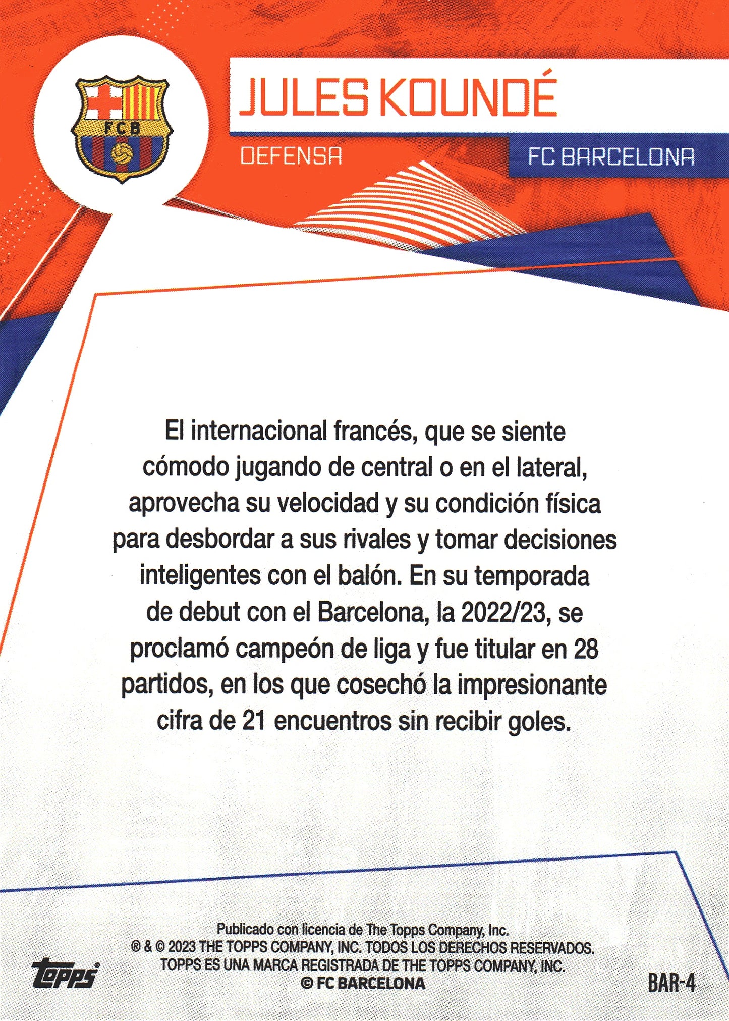 2023 Topps FC Barcelona Fan Set Electric Jules Kounde #BAR-4 FC Barcelona