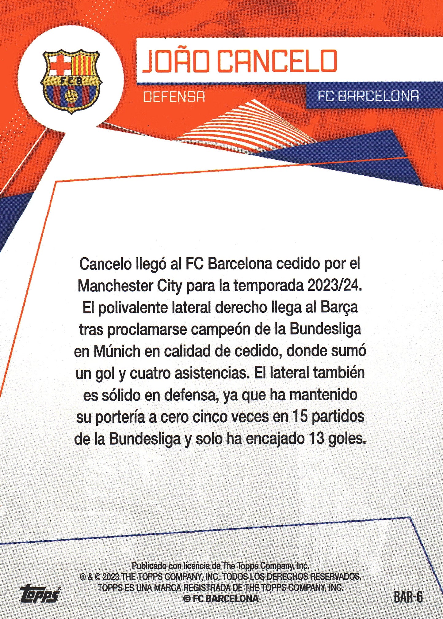 2023 Topps FC Barcelona Fan Set Electric Joao Cancelo #BAR-6 FC Barcelona