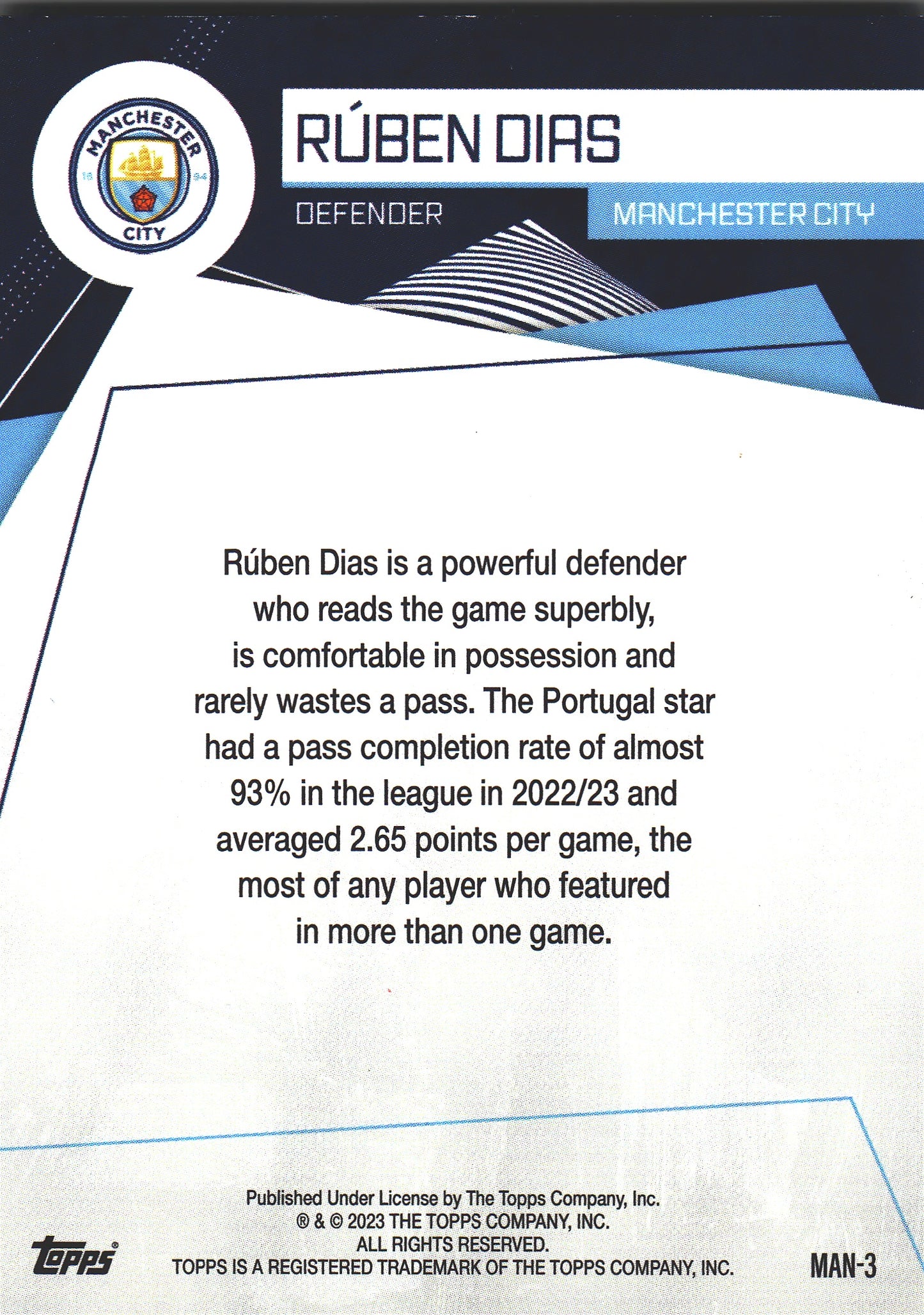 2023 Topps FC Man City Fan Set Electric Ruben Dias #MAN-3 Manchester City