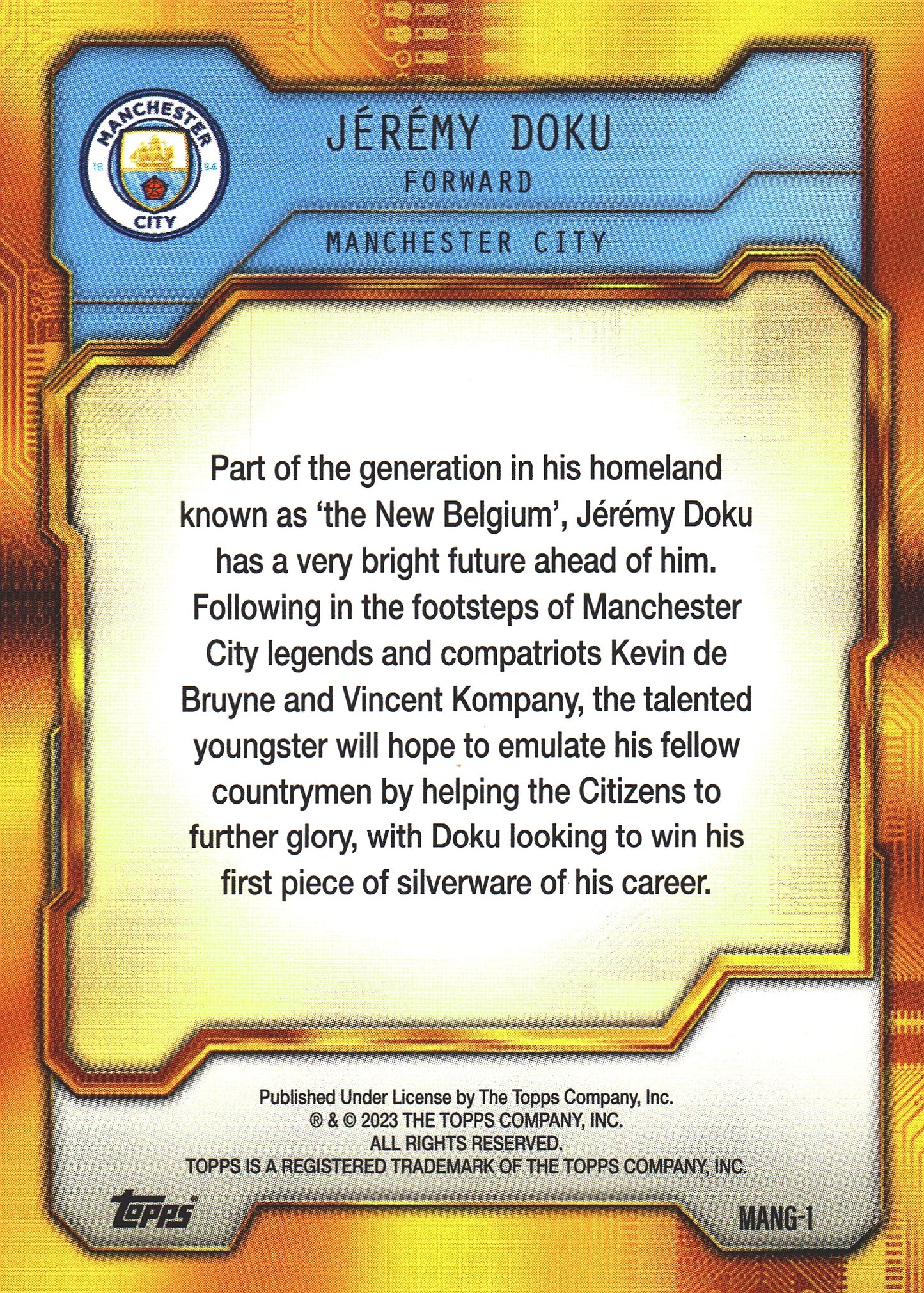 2023 Topps FC Man City Fan Set Golden Electric Jeremy Doku #MANG-1 Manchester City
