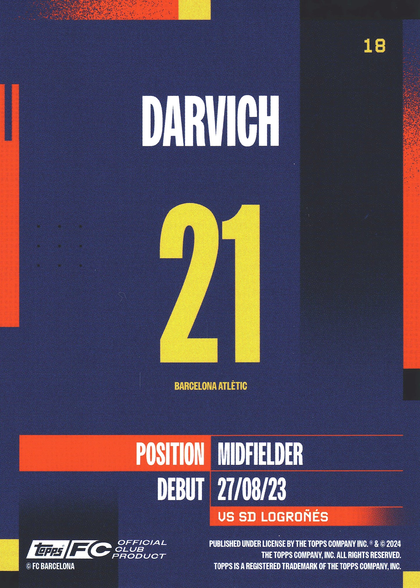 2024 Topps FC Barcelona Team Set Yellow /50 Darvich RC #18 FC Barcelona