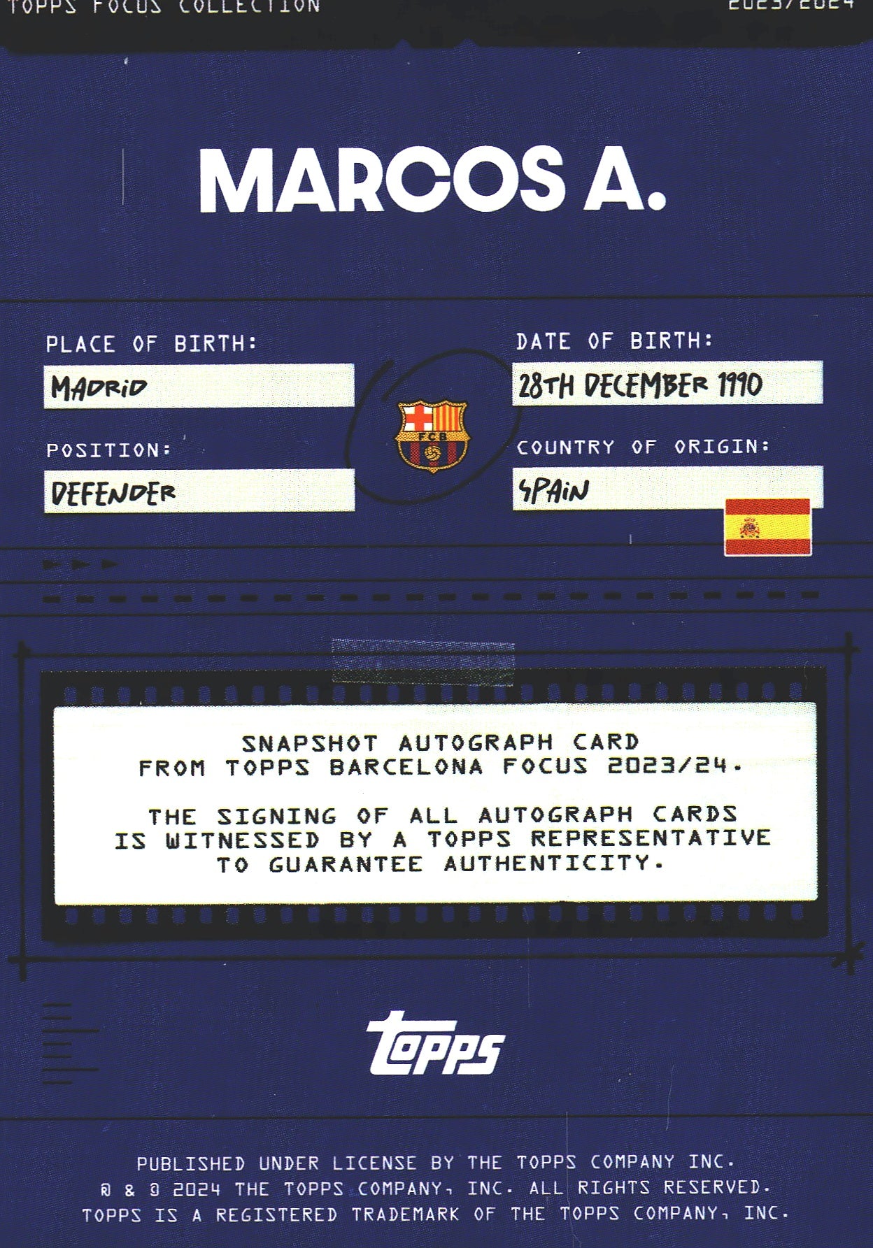 2023 Topps Focus Snapshot Autograph /50 Marco Asensio #SA-MA FC Barcelona