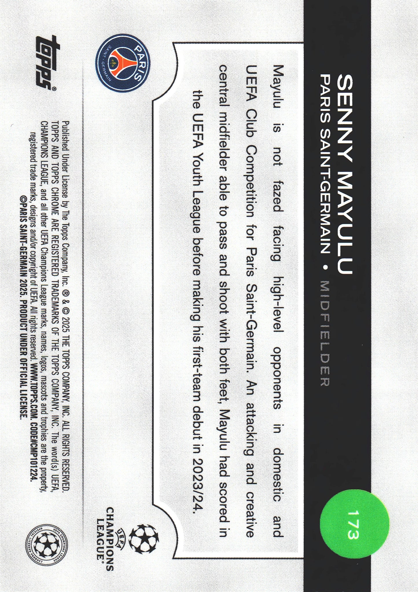 2024 Topps Chrome UCC Pulsar Senny Mayulu RC #173 Paris Saint-Germain