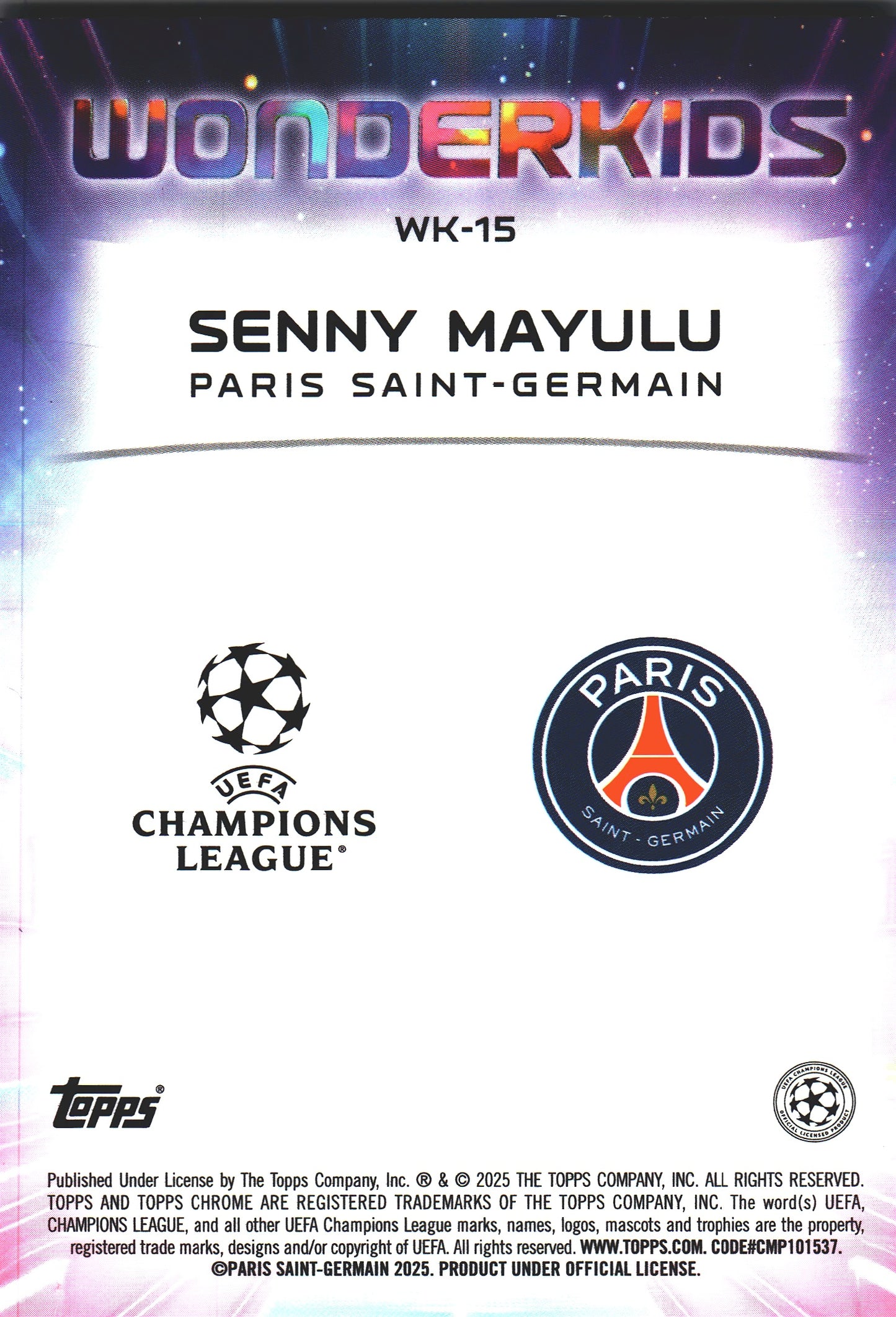 2024 Topps Chrome UCC Wonderkids Senny Mayulu #WK-15 Paris Saint-Germain
