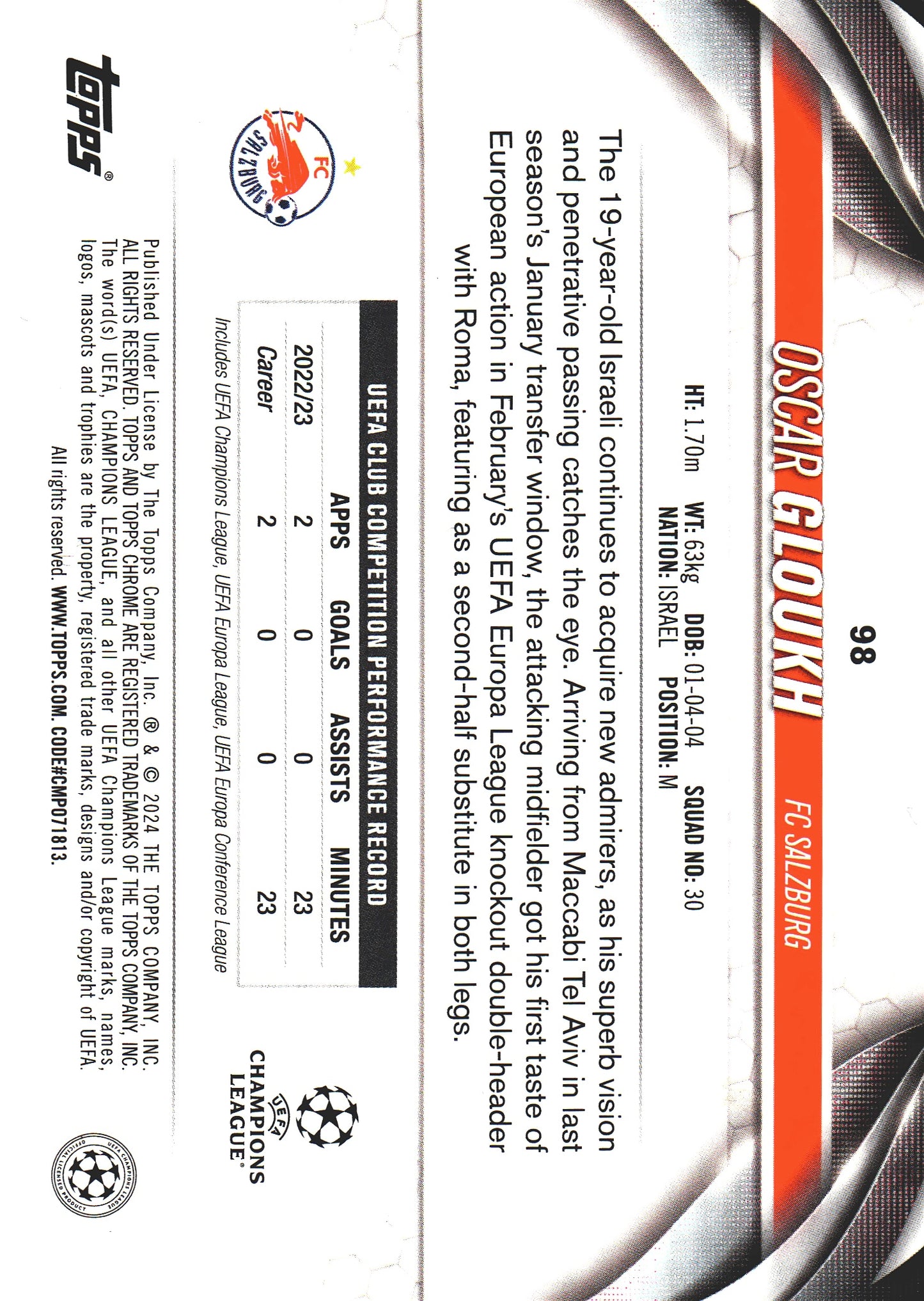 2023 Topps Chrome UCC Pulsar Oscar Gloukh RC #98 FC Red Bull Salzburg