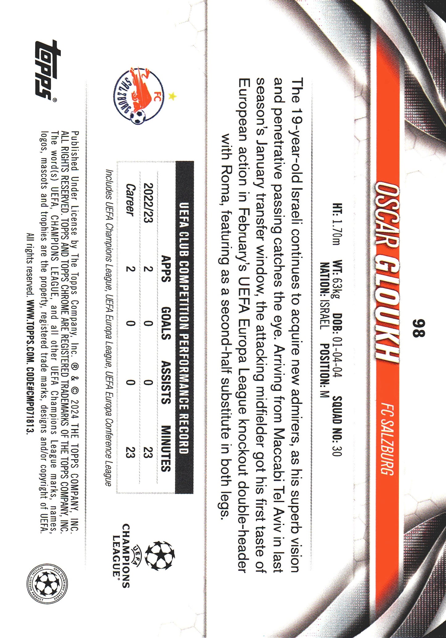 2023 Topps Chrome UCC Aqua Prism Oscar Gloukh RC #98 FC Red Bull Salzburg
