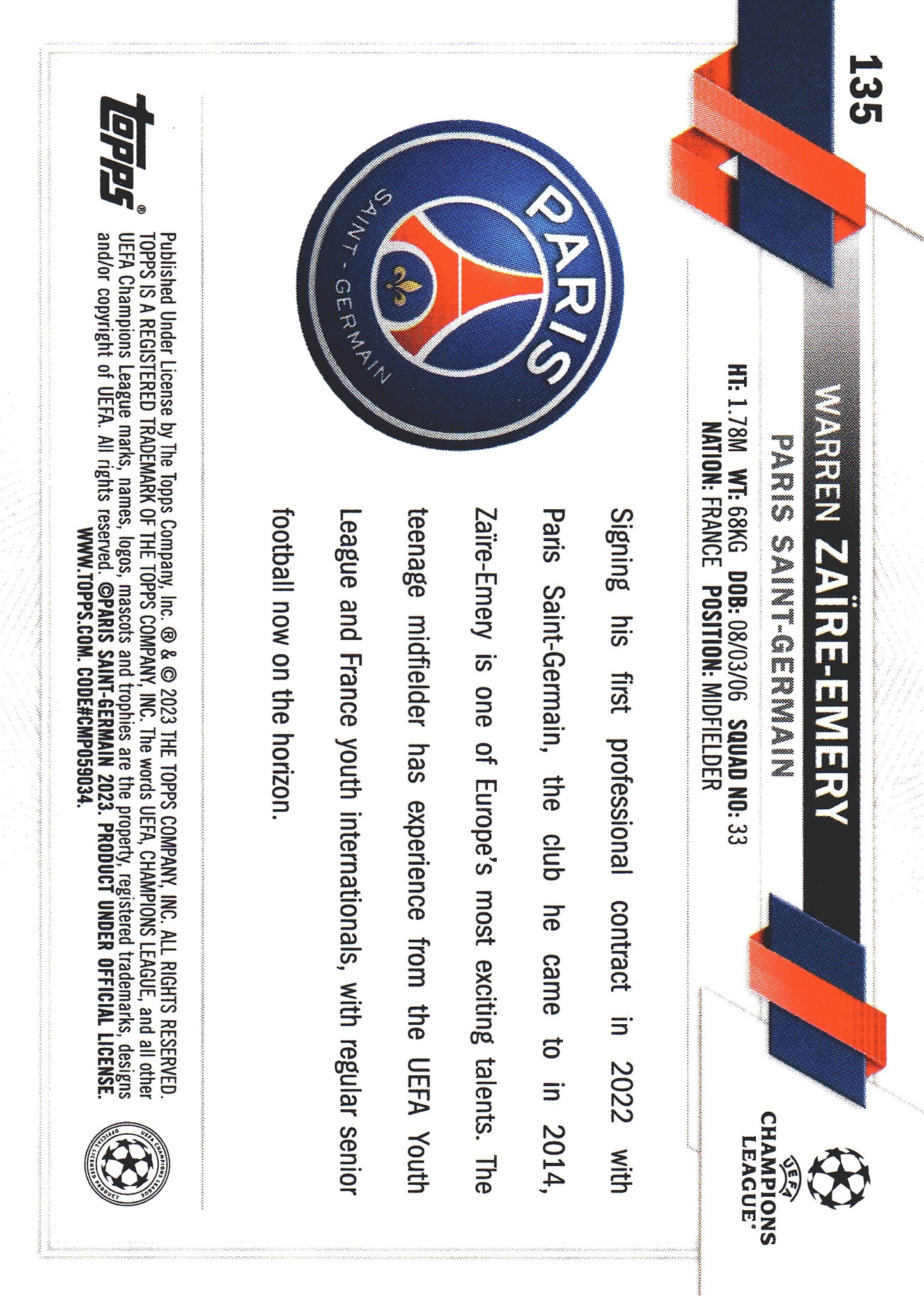 2022 Topps UCC Flagship Warren Zaire-Emery RC #135 Paris Saint-Germain