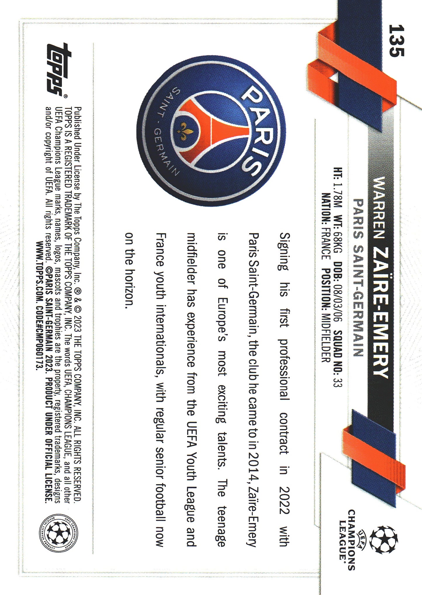 2022 Topps Chrome UCC Warren Zaire-Emery RC #135 Paris Saint-Germain