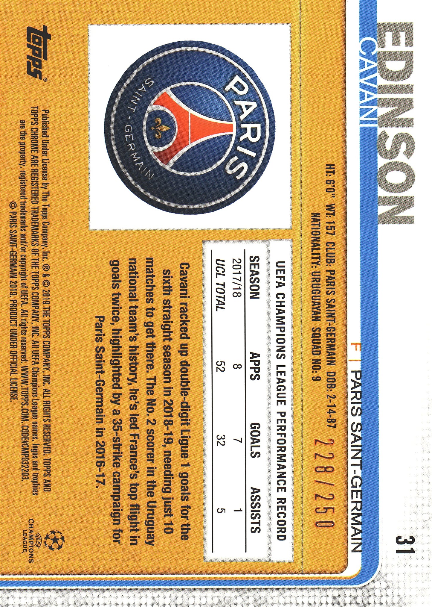 2018 Topps Chrome UCC Edinson Cavani purple /250 #31 Paris Saint-Germain