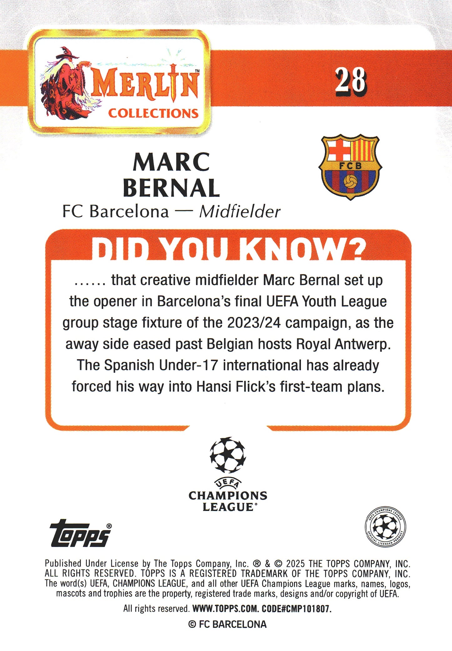 2024 Topps Chrome Merlin UCC Marc Bernal RC #28 FC Barcelona