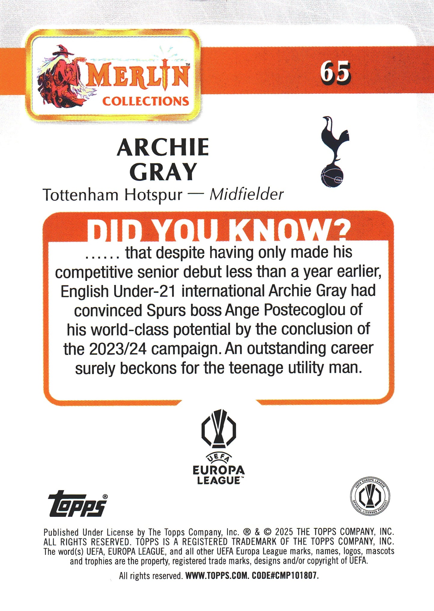 2024 Topps Chrome Merlin UCC Archie Gray RC #65 Tottenham Hotspur