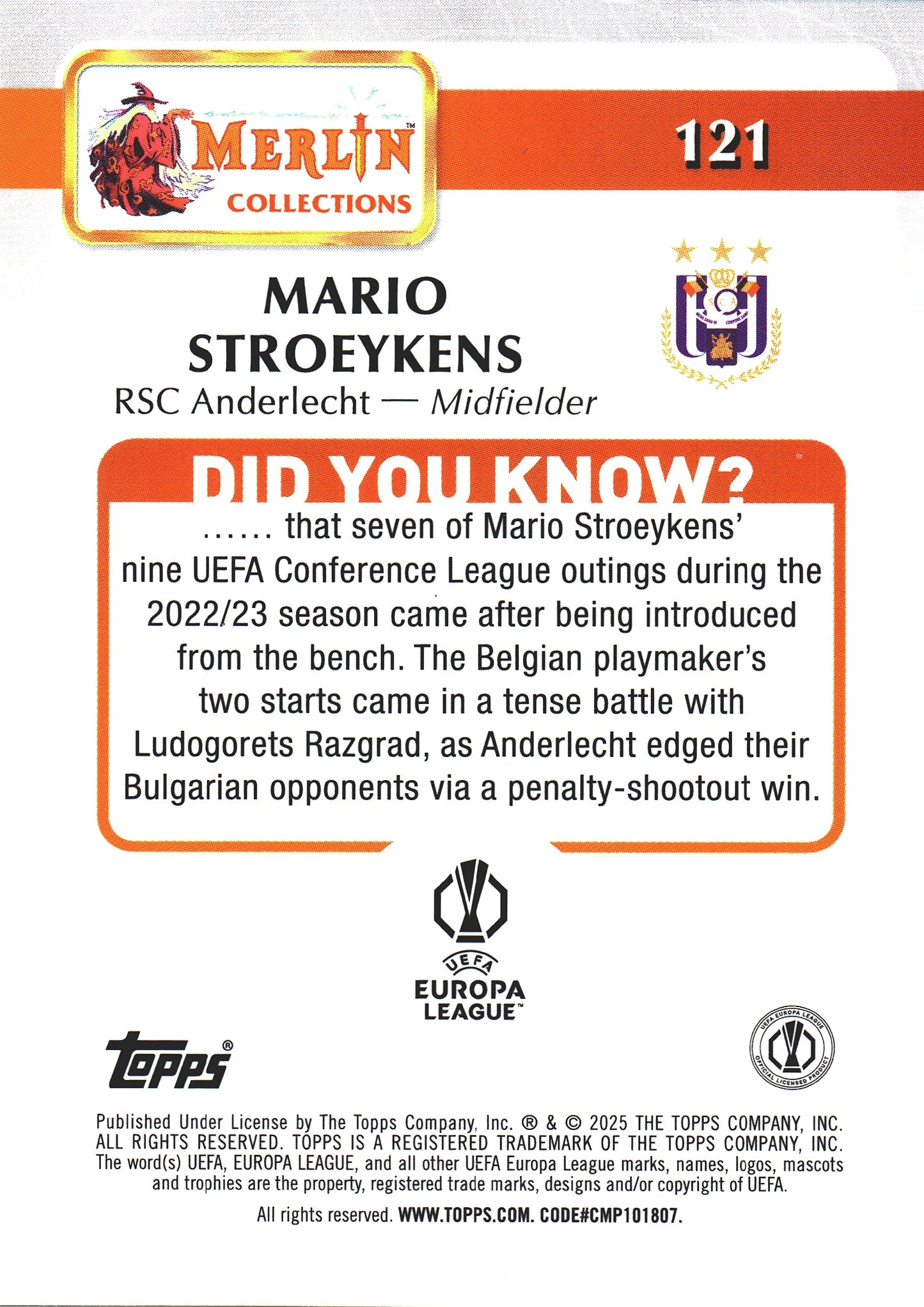 2024 Topps Chrome Merlin UCC Mario Stroeykens RC #121 Anderlecht