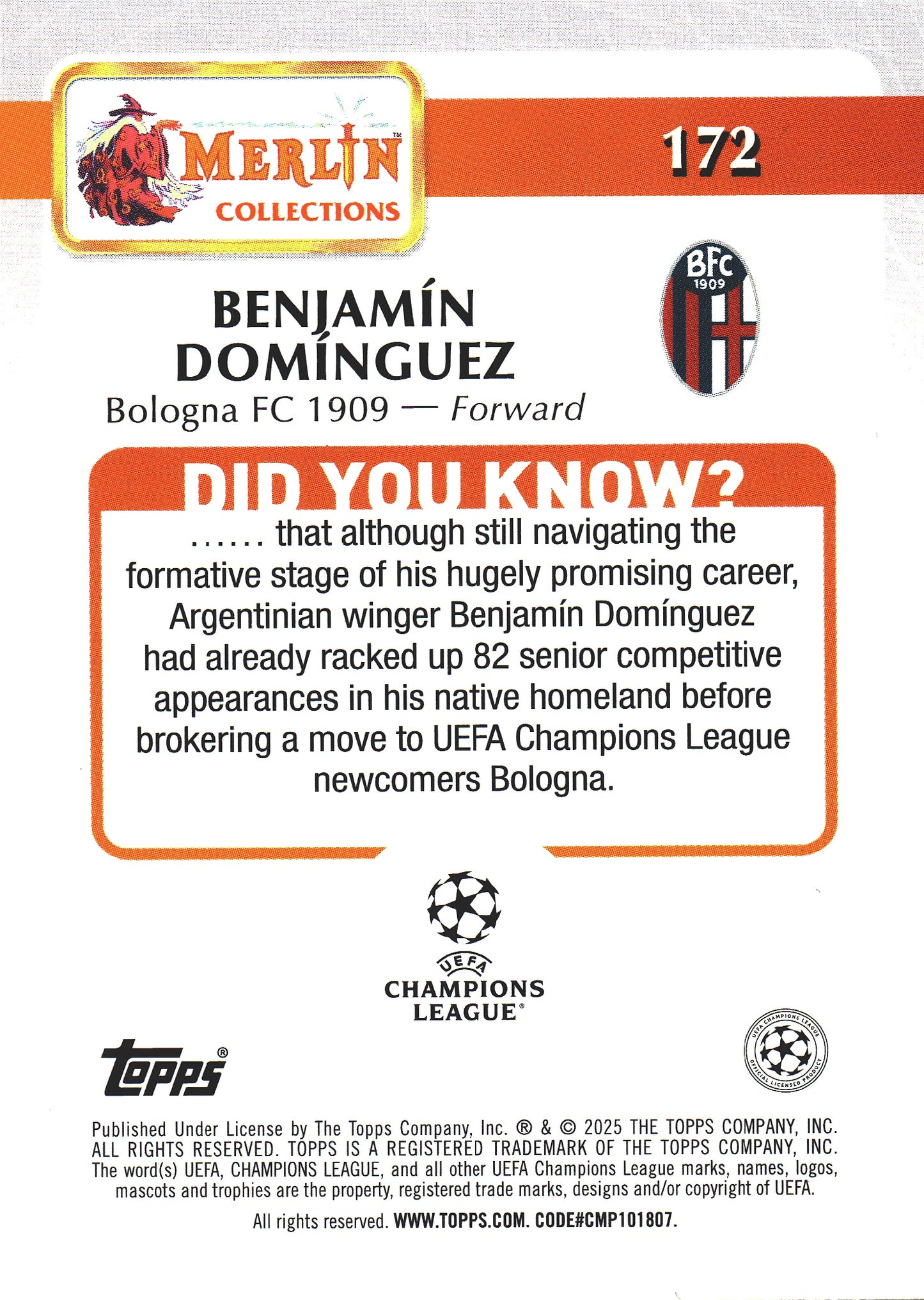 2024 Topps Chrome Merlin UCC Benjamin Dominguez RC #172 Bologna