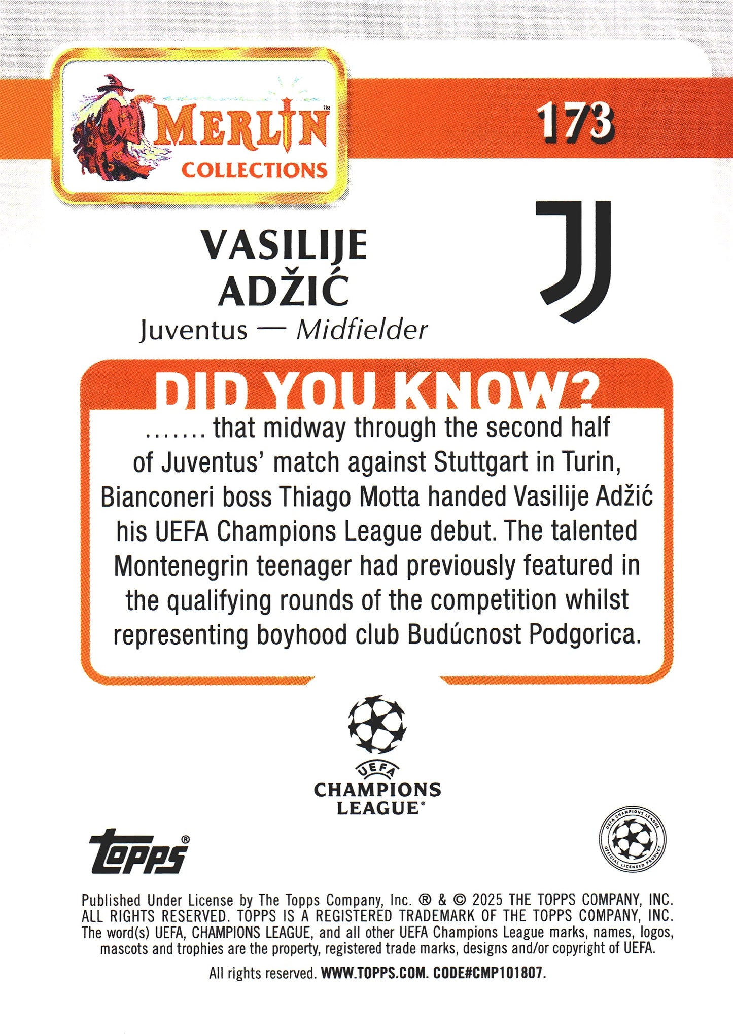 2024 Topps Chrome Merlin UCC Vintage Vasilije Adzic RC #173 Juventus