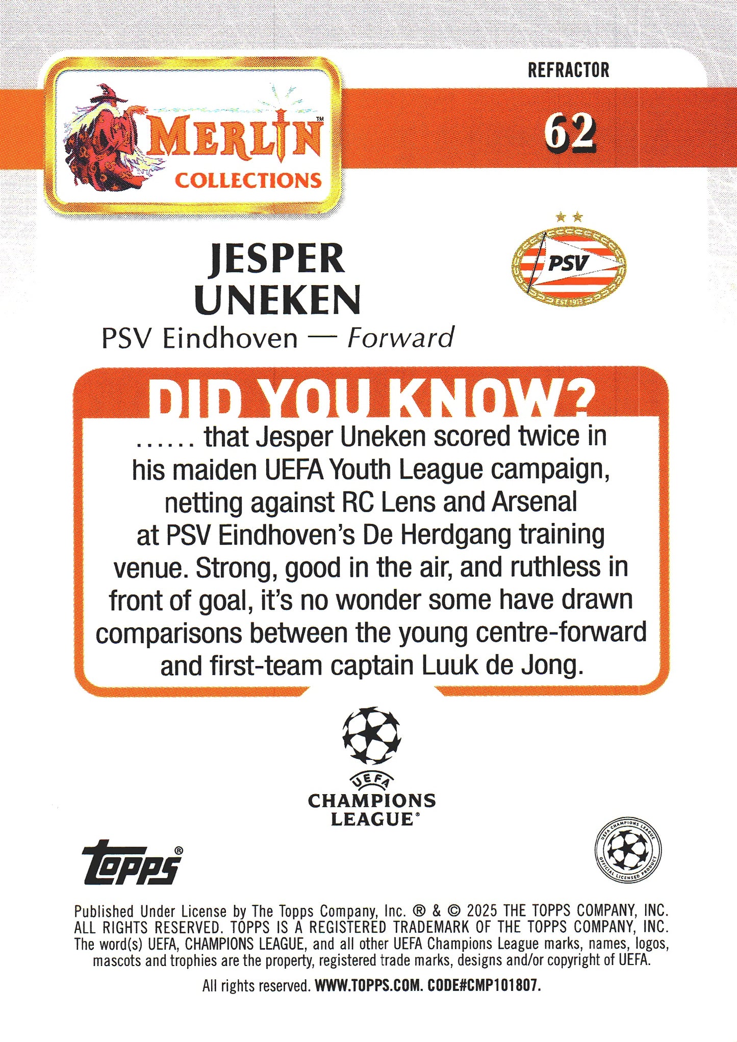 2024 Topps Chrome Merlin UCC Refractor Jesper Uneken RC #62 PSV Eindhoven