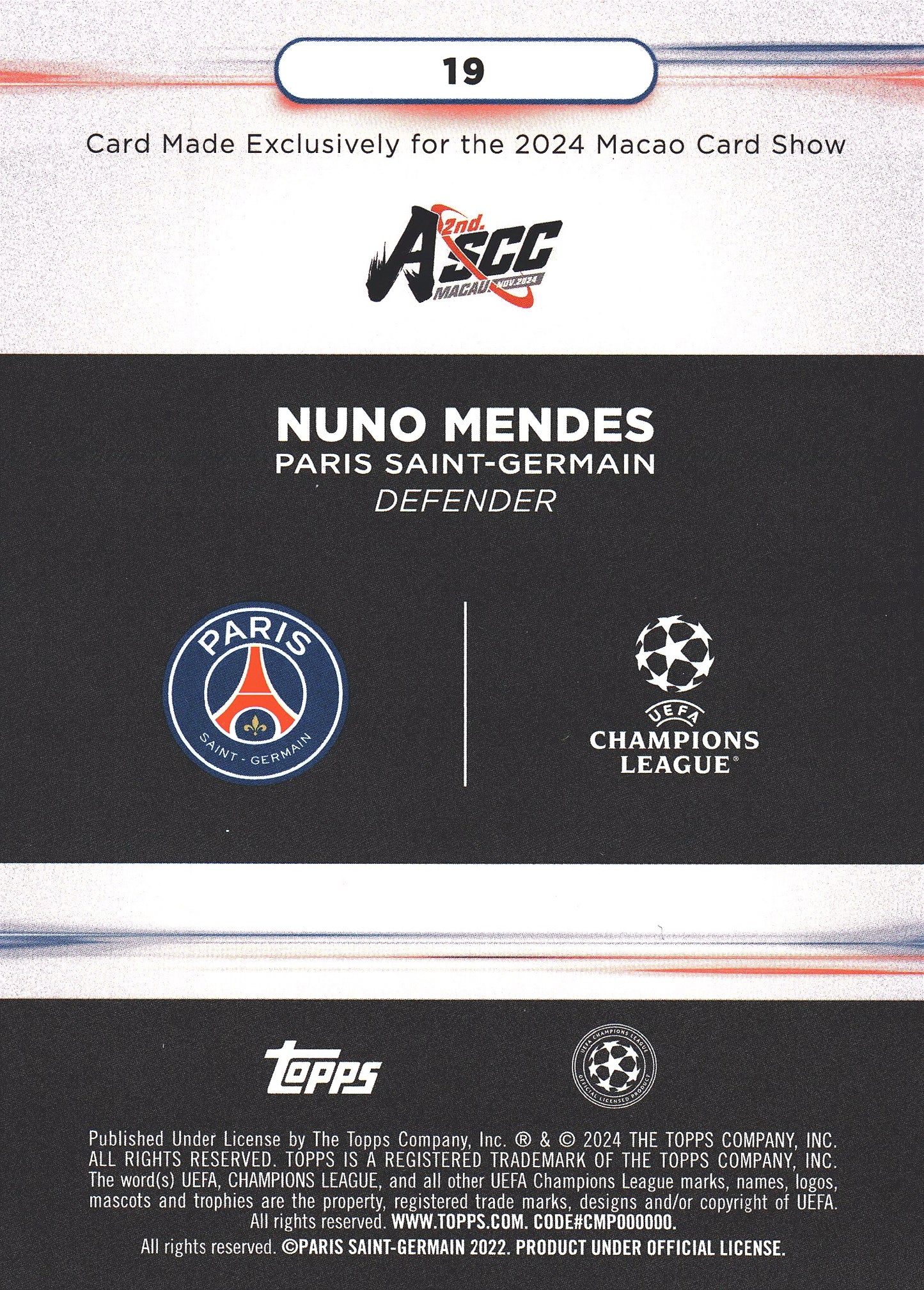 2024 Topps ASCC Macao Nuno Mendes #19 Paris Saint-Germain