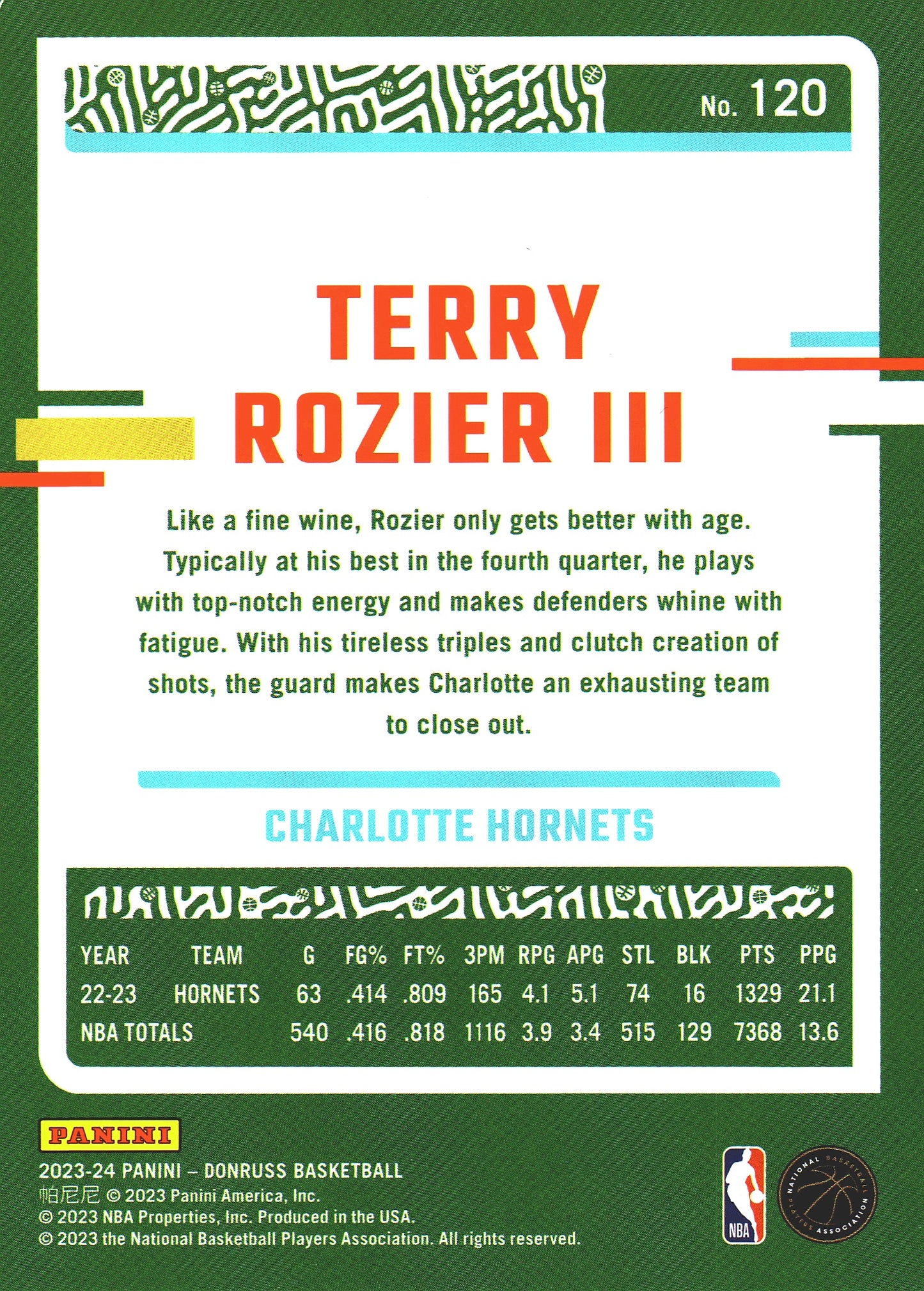 2023 Panini Donruss Green Lazer Terry Rozier III #120 Charlotte Hornets