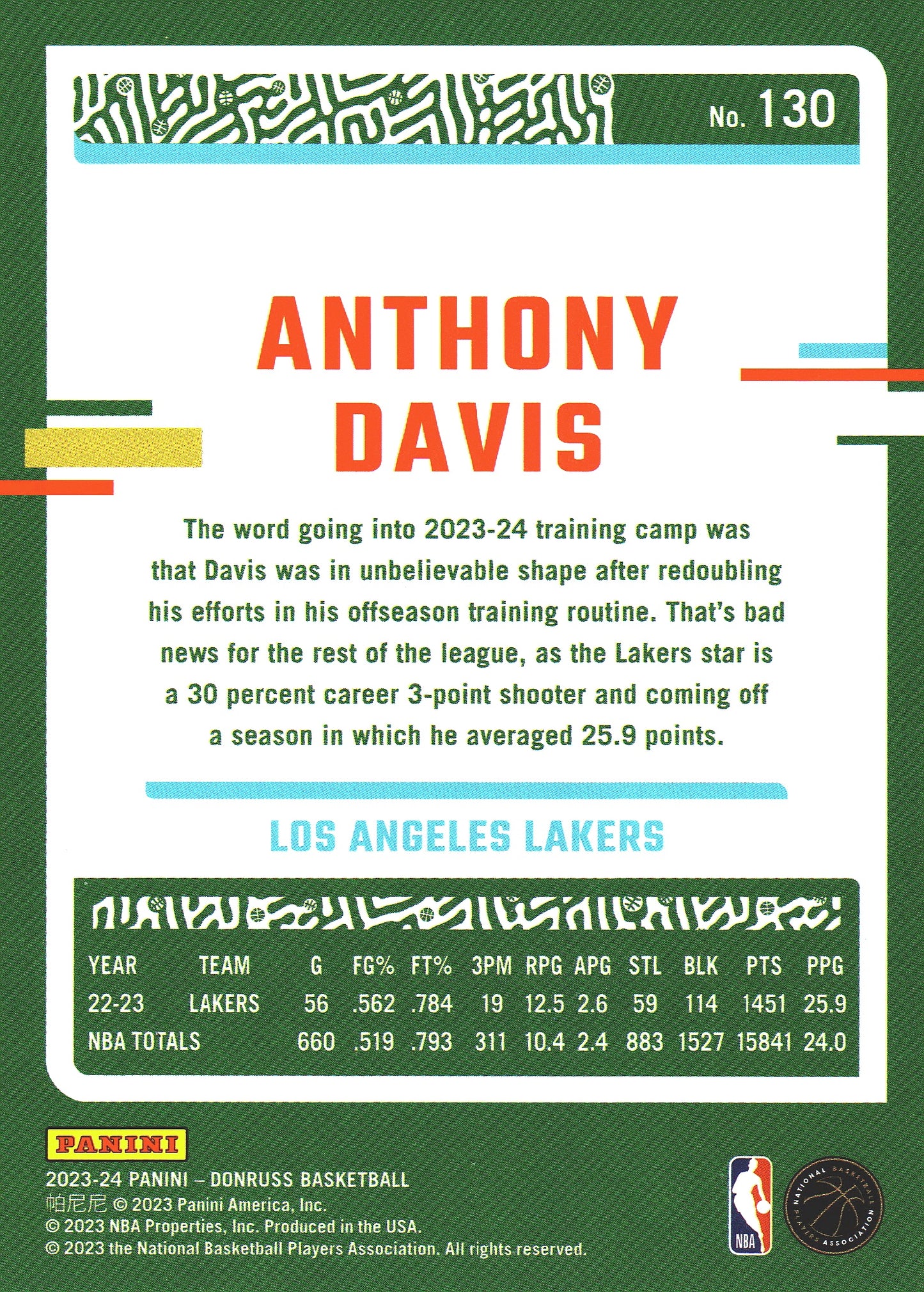 2023 Panini Donruss Green Lazer Anthony Davis #130 Los Angeles Lakers