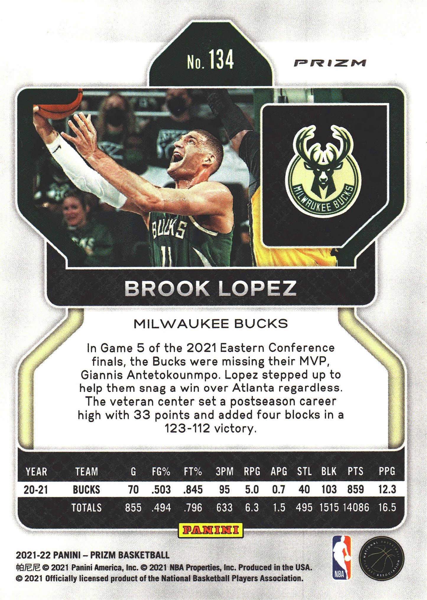 2021 Panini Prizm Blue White Red Brook Lopez #134 Milwaukee Bucks